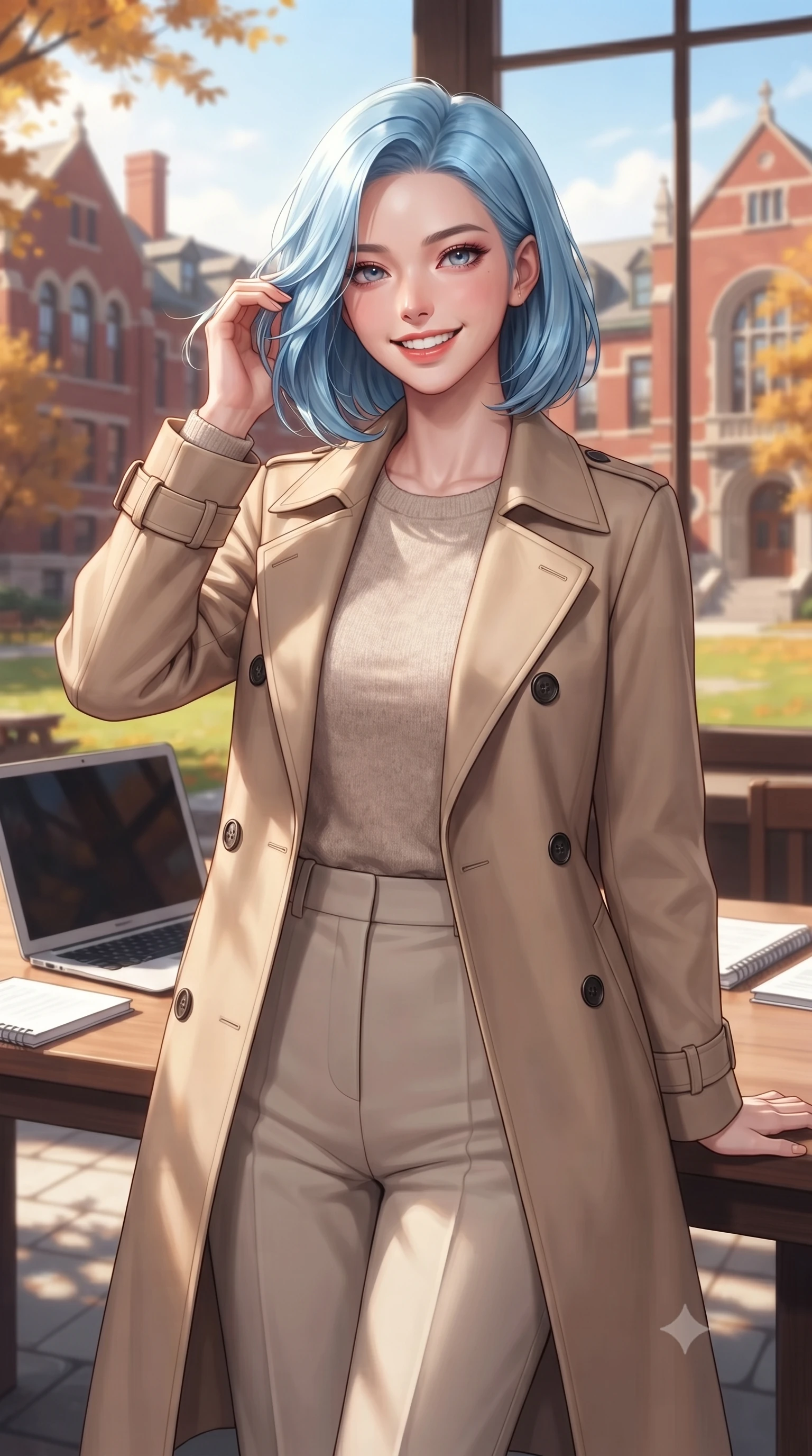 score_9, masterpiece, best quality, ultra-detailed, high-budget anime keyframe, editorial fashion photography, tasteful artistic composition, Korean woman. close-up cowboy shot from the waist and thighs up, the character dominates the composition, filling the frame with her large presence, background elements kept in soft focus. flashing an intoxicating, sunny grin while brushing a strand of hair away from her face set against a soft-focus background of on a sun-drenched university campus quad surrounded by historic red-brick lecture halls with a laptop and open notebooks arranged on a wooden table. She has an exceptionally elegant, slender, and willowy female figure with an ultra-slim waist, a gracefully sculpted slender torso, and a refined silhouette. sharp v-shaped jawline, high-bridge nose, intricate jewel-like eyes with depth, thick eyelashes, glossy lips with a natural sheen. wearing tailored smart-casual beige trench coat worn over an oatmeal knit top and straight-leg trousers. bright afternoon sunlight casting crisp shadows of window frames on the floor. highly saturated vibrant anime colors, detailed shading with soft gradients, rich glossy textures, high-contrast stereoscopic depth, volumetric dynamic lighting, master piece, 9:16 ratio