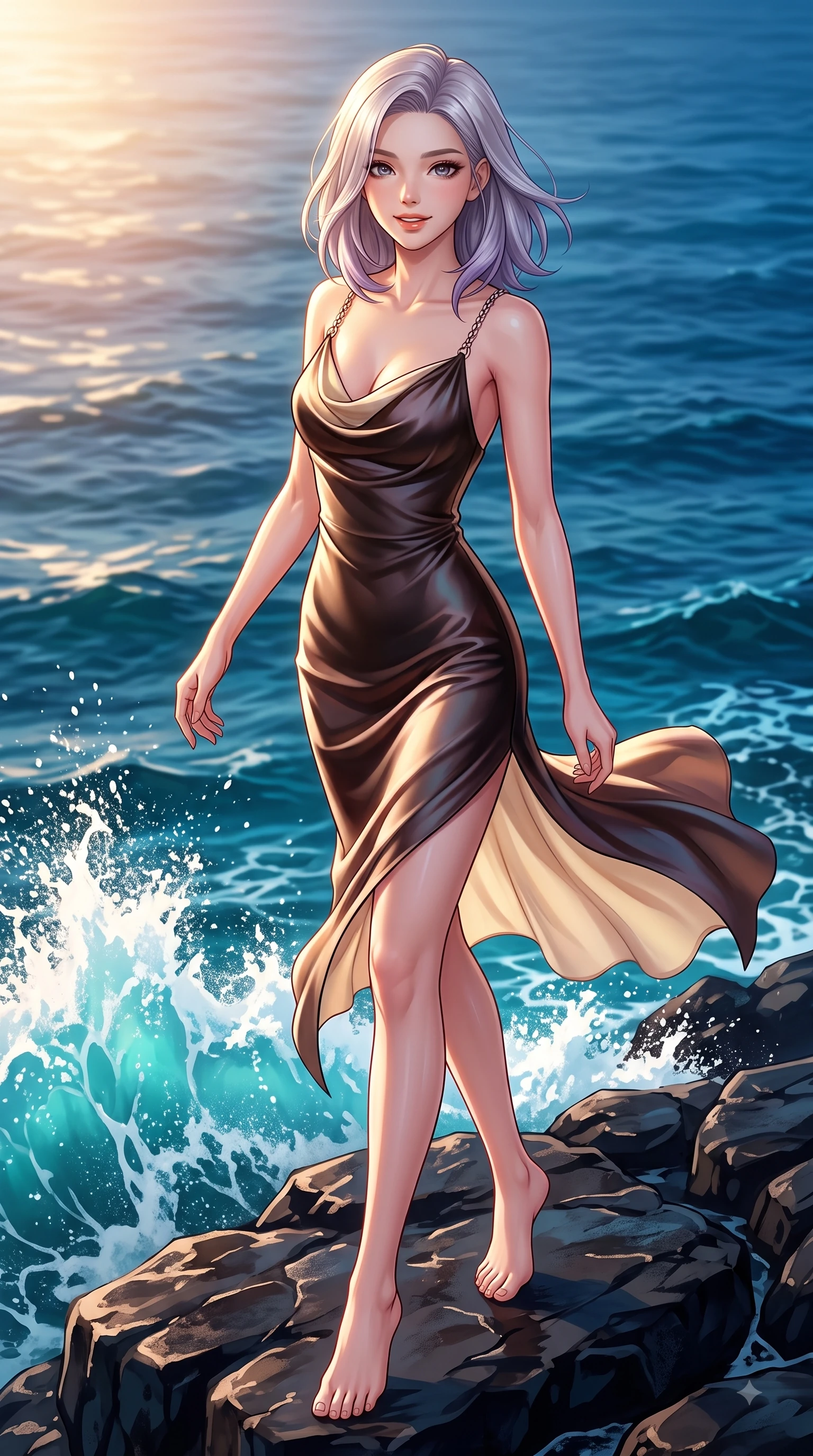 score_9, masterpiece, best quality, ultra-detailed, high-budget anime keyframe, editorial fashion photography, tasteful artistic composition, Caucasian woman. low angle full-body shot from head to toe showing her feet, filling the entire 9:16 vertical frame with her statuesque presence, stretching her vertical silhouette. pivoting dynamically in mid-motion with a delighted cute expression, displaying her perfect model proportions while pivoting gracefully on dark basalt sea rocks as turquoise ocean waves splash nearby, fresh ocean breeze billowing her summer sundress into fluid, uplifting motions. She has an absolutely perfect, statuesque 8.5-heads proportion, an exceptionally tall and slender model-like female figure with impossibly long slender legs and an ultra-slim waist. sharp v-shaped jawline, high-bridge nose, intricate jewel-like eyes with depth, thick eyelashes, glossy lips with a natural sheen, flawlessly proportioned anatomical accuracy, natural body alignment, perfectly sculpted elegant limbs, clean dynamic posture without body distortion. wearing an elegant cowl-neck satin midi dress with a graceful draped neckline in espresso brown and warm cream, crafted from iridescent chiffon that shifts colors in the light, adorned with delicate metallic chain straps along the neckline, the sleek second-skin texture accentuating her magnetic presence. illuminated by a glorious golden hour sunburst over deep blue island ocean waves. highly saturated vibrant anime colors, detailed shading with soft gradients, rich glossy textures, high-contrast stereoscopic depth, volumetric dynamic lighting, master piece, 9:16 ratio