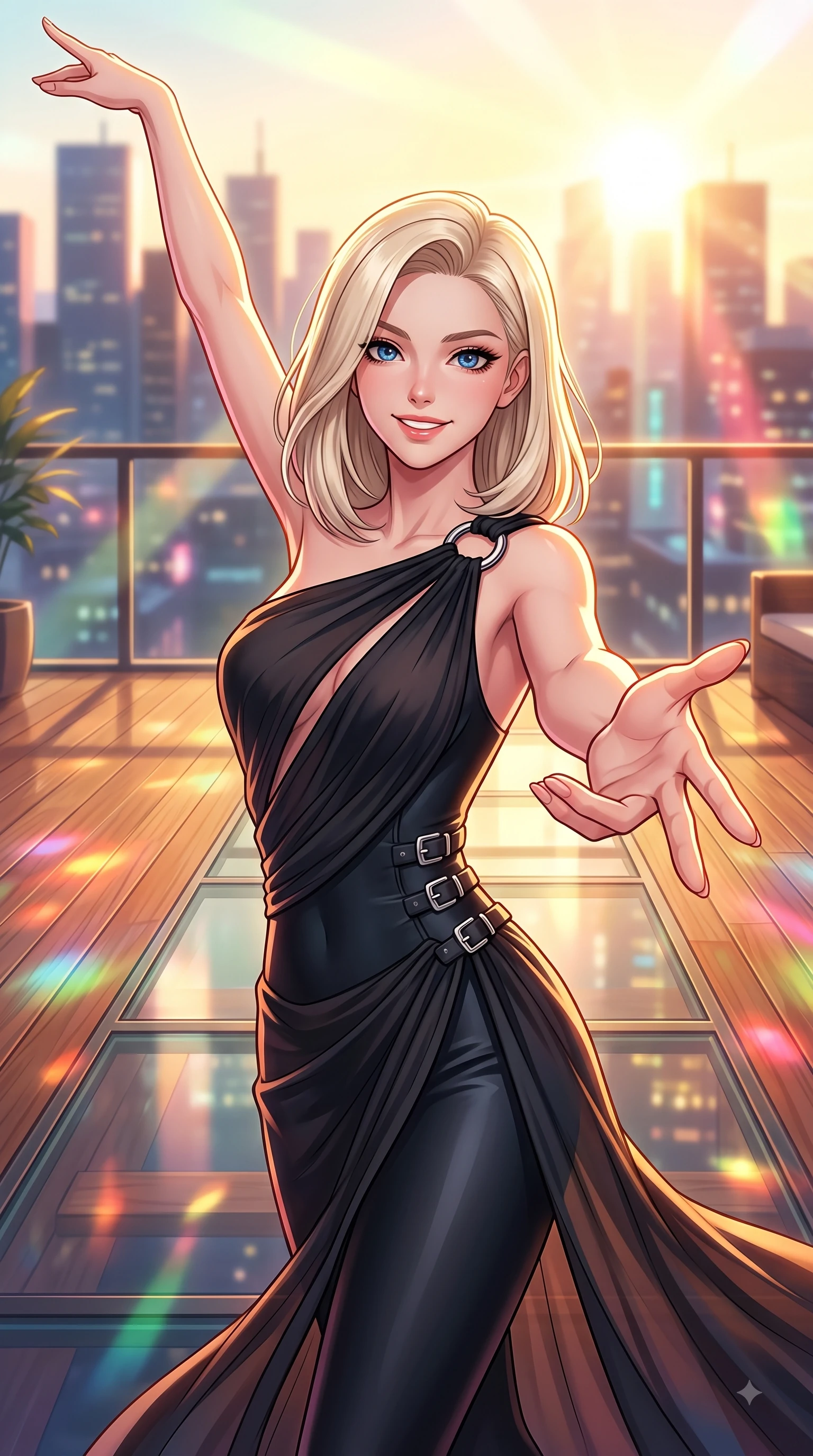 score_9, masterpiece, best quality, ultra-detailed, high-budget anime keyframe, editorial fashion photography, tasteful artistic composition, Caucasian woman. close-up cowboy shot from the waist and thighs up, the character dominates the composition, filling the frame with her large presence, background elements kept in soft focus. Extending one arm in an elegant stretch toward the sun while smiling with vibrant, magnetic self-assurance while reaching her hand toward the camera while dancing on a wooden glamping terrace, sleek glass and wood terrace textures reflecting warm party light beams. She has an exceptionally elegant, slender, and willowy female figure with an ultra-slim waist, a gracefully sculpted slender torso, and a refined silhouette. sharp v-shaped jawline, high-bridge nose, intricate jewel-like eyes with depth, thick eyelashes, glossy lips with a natural sheen, flawlessly proportioned anatomical accuracy, natural body alignment, perfectly sculpted elegant limbs, clean dynamic posture without body distortion. wearing an asymmetrical Grecian draped chiffon gown with a metallic shoulder ring in matte black and polished silver, formed from sleek second-skin neoprene, detailed with polished silver buckles along the waistline, the tailored fabric tightly following every curve of her athletic build. illuminated by cheerful city skyline backlighting and vibrant rim lights. highly saturated vibrant anime colors, detailed shading with soft gradients, rich glossy textures, high-contrast stereoscopic depth, volumetric dynamic lighting, master piece, 9:16 ratio