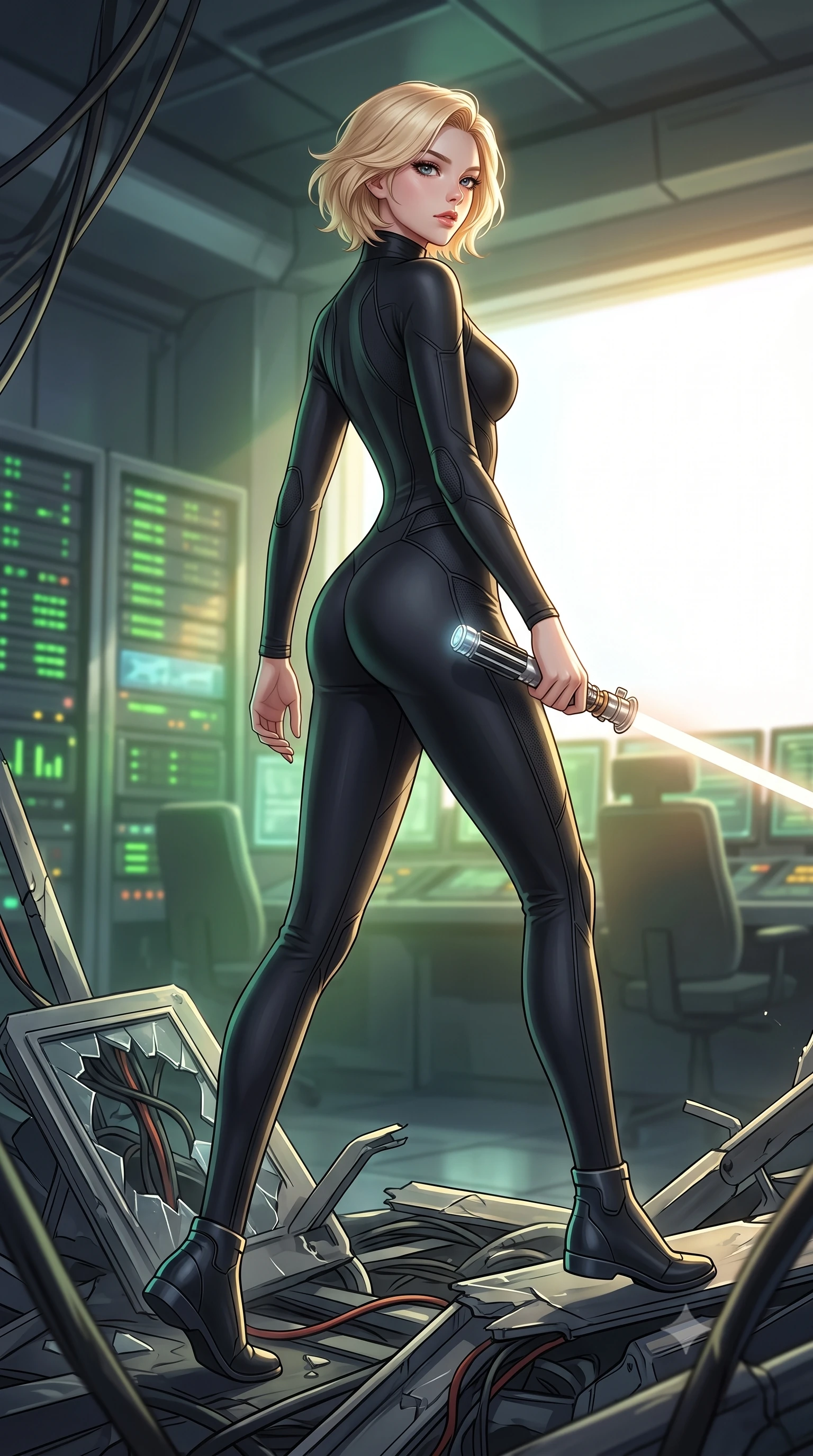 score_9, masterpiece, best quality, ultra-detailed, high-budget anime keyframe, editorial fashion photography, tasteful artistic composition, Caucasian woman. low angle full-body shot from head to toe showing her feet, filling the entire 9:16 vertical frame with her statuesque presence, stretching her vertical silhouette. stepping gracefully through battlefield debris with a glowing saber hilt in hand, looking back over her shoulder, the background shows a soft-focus a solar collector control room with blinking green telemetry racks. She has an absolutely perfect, statuesque 8.5-heads proportion, an exceptionally tall and slender model-like female figure with impossibly long slender legs and an ultra-slim waist. sharp v-shaped jawline, high-bridge nose, intricate jewel-like eyes with depth, thick eyelashes, glossy lips with a natural sheen. wearing a slim-fit body-hugging high-neck flight deck jumpsuit in matte black, contouring her athletic, slender build. soft green and yellow terminal glare contrasting with the blinding solar window view. highly saturated vibrant anime colors, detailed shading with soft gradients, rich glossy textures, high-contrast stereoscopic depth, volumetric dynamic lighting, master piece, 9:16 ratio