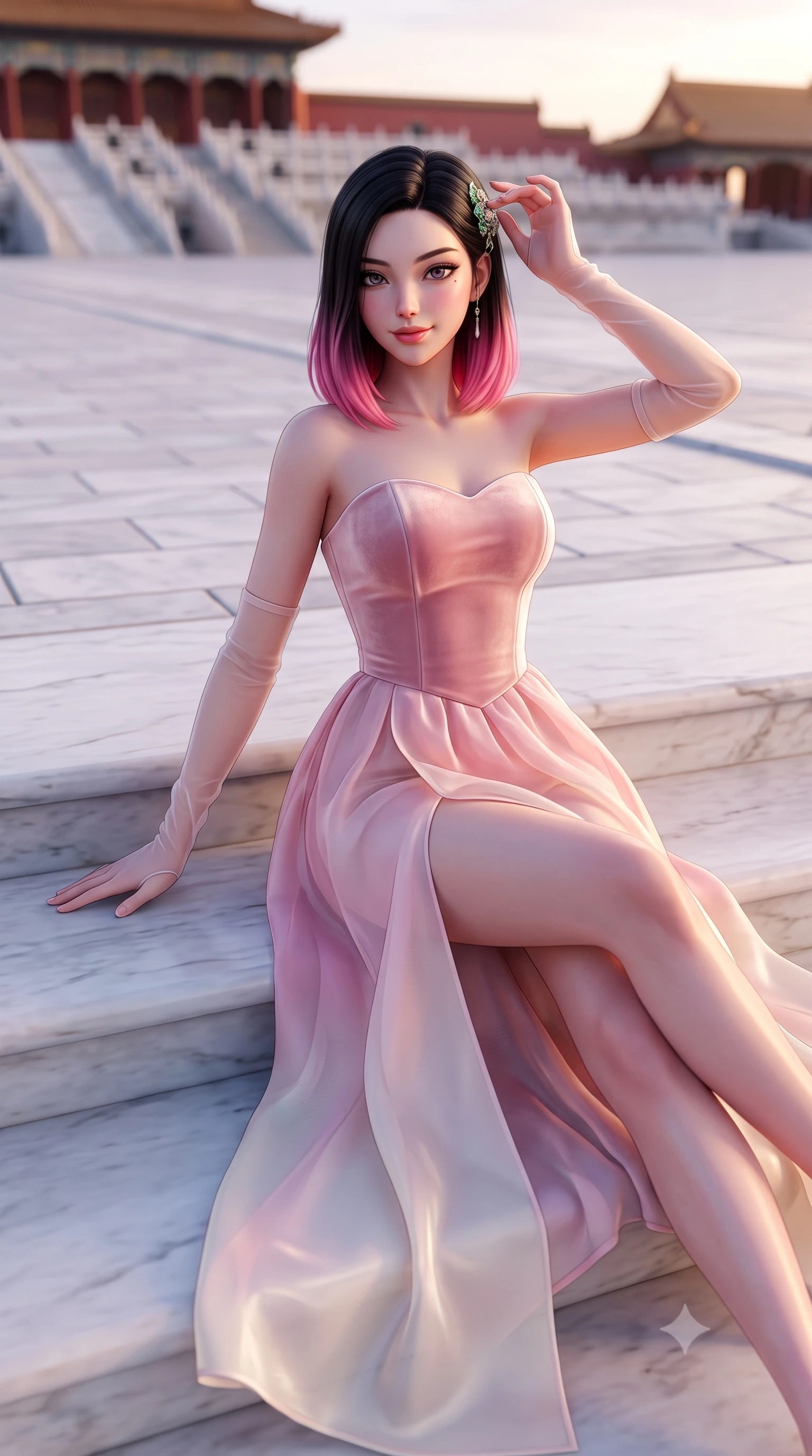 score_9, masterpiece, best quality, ultra-detailed, high-budget anime keyframe, semi-realistic 3D game render, editorial fashion photography, tasteful artistic composition, Korean woman. close-up cowboy shot from the waist and thighs up, the character dominates the composition, filling the frame with her large presence. tilting her head with an alluring smile while arching her spine with dancer poise, one hand touching her ornate jade hairpin in a flirtatious S-curve while lounging gracefully on the wide marble terrace steps with legs extended, her tailored high-slit gown commanding the monumental historic plaza. The background shows a soft-focus the vast paved white marble courtyard softened in majestic imperial Beijing shallow focus. She has an exceptionally elegant, slender, and willowy female figure with an ultra-slim waist, flat toned midriff, narrow ribcage, and sculpted feminine hips creating an alluring, slim hourglass silhouette without bulk. sharp v-shaped jawline, high-bridge nose, intricate jewel-like dark sparkling almond eyes with depth, thick lashes, glossy parted lips with a natural rose-plum sheen, bright alluring and coquettish smile with bedroom-eyes, exuding both timeless oriental elegance and sovereign high-fashion allure, flawlessly proportioned anatomical accuracy, strict slender model proportions, natural body alignment, perfectly sculpted long slender limbs, ultra-slim waistline, clean dynamic posture without body distortion. wearing a modern fusion hanbok dress with a structured velvet bodice and cascading sheer ombre organza skirt with front slit in soft cherry blossom pink and pearlescent ivory, tailored from smooth celadon raw silk with natural organic slub texture, complemented by delicate sheer silk fingerless gloves reaching past her elbows, the glove-like silhouette tightly following the natural contour of her hips and long slender legs with youthful 8.5-heads elegance. bathed in dramatic twilight golden hour light streaming horizontally across the vast marble plaza. highly saturated vibrant anime colors, detailed shading with soft gradients, rich glossy textures, high-contrast stereoscopic depth, volumetric dynamic lighting, master piece, 9:16 ratio