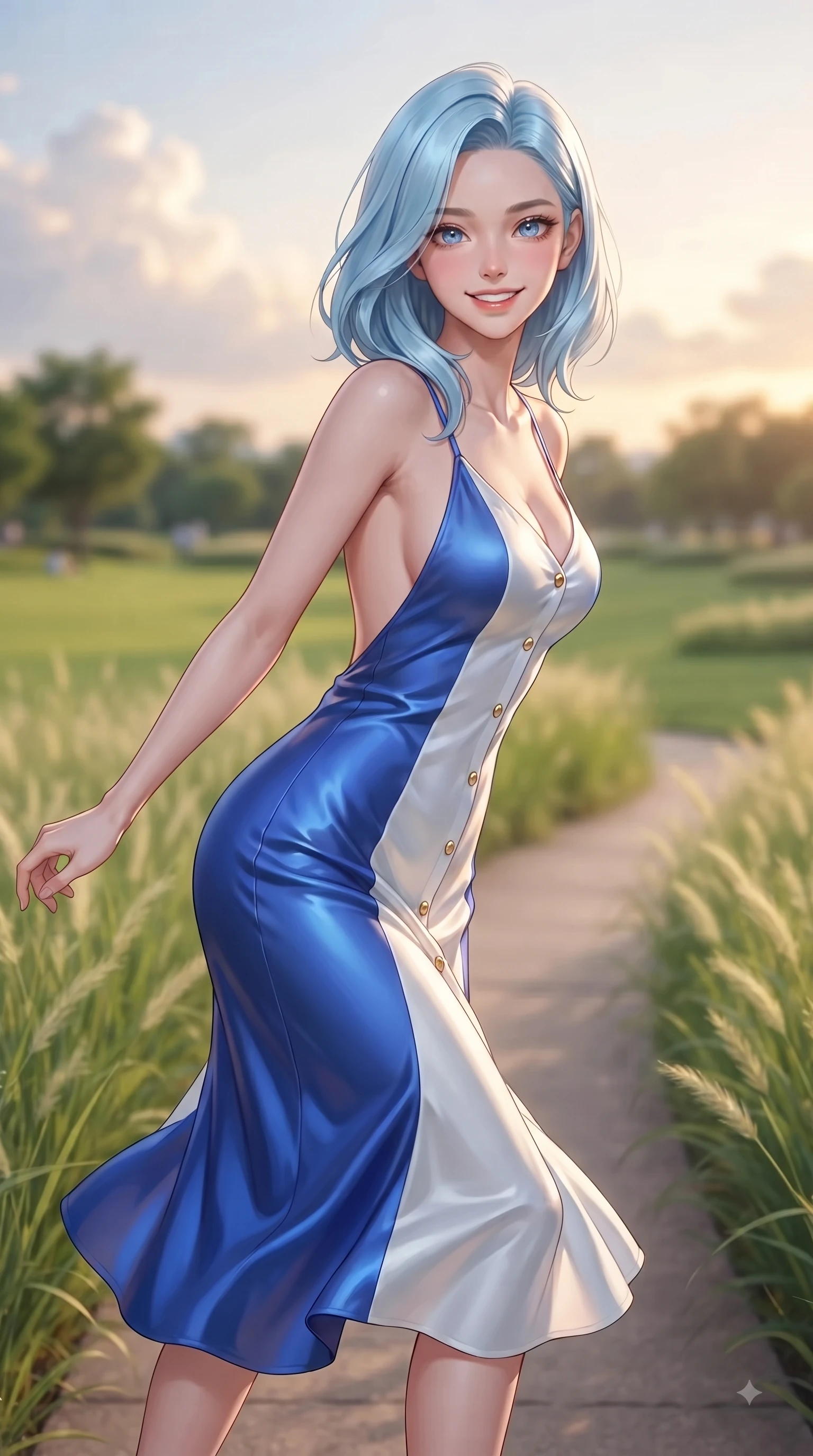 score_9, masterpiece, best quality, ultra-detailed, high-budget anime keyframe, editorial fashion photography, tasteful artistic composition, Korean woman. close-up cowboy shot from the waist and thighs up, the character dominates the composition, filling the frame with her large presence. Cheerful beaming smile with sparkling eyes and a fresh girlhood aura, leaning forward with playful grace while walking cheerfully along a park pathway bordered by swaying grass as sunset light paints the sky. The composition keeps background elements in soft focus with dreamy bokeh. green park lawns and glowing clouds blurred smoothly behind her elegant silhouette. She has an exceptionally elegant, slender, and willowy female figure with an ultra-slim waist, a gracefully sculpted slender torso, and a refined silhouette. sharp v-shaped jawline, high-bridge nose, intricate jewel-like eyes with depth, thick eyelashes, glossy lips with a natural sheen, flawlessly proportioned anatomical accuracy, natural body alignment, perfectly sculpted elegant limbs, clean dynamic posture without body distortion. wearing a precision-fitted liquid satin slip dress with fluid draped lines and an open back in vibrant cobalt blue and crisp snow white, crafted from lightweight fluid chiffon, adorned with delicate gold buttons along the front, the glove-like fit emphasizing her statuesque silhouette during motion. surrounded by a serene, uplifting, and romantic park ambiance. ultra-reflective glossy finish, specular highlights, metallic sheen, high-contrast stereoscopic depth, volumetric dynamic lighting, 2k, ultra detail, master piece, 9:16 ratio