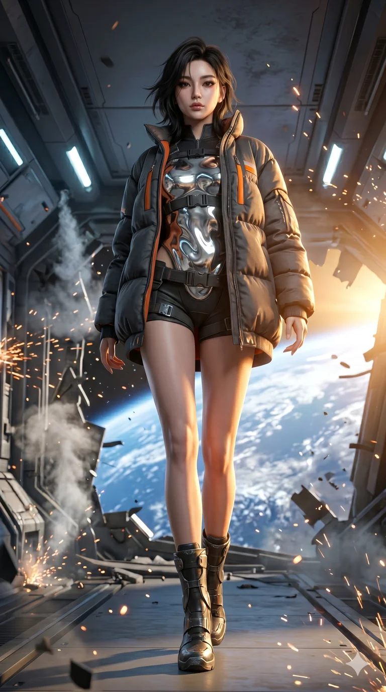 score_9, masterpiece, best quality, ultra-detailed, Semi-realistic 3D Game Render, high-fidelity character model, intricate armor textures, dynamic particle effects, Unreal Engine 5 aesthetic, crisp 3D depth, Korean woman with idol-like refined features. Dramatic low angle looking up at her majestic stature, dominating the vertical space of the composition. Escaping a crumbling orbital space station amidst falling debris and venting atmosphere, the earth visible as a beautiful blue marble below. She has an absolutely perfect 8-heads proportion, an exceptionally tall and slender female figure with impossibly long slender legs and an ultra-slim waist, her statuesque height and towering silhouette dominating the vertical 9:16 frame. Her face is a masterpiece featuring a sharp v-shaped jawline, high-bridge nose, intricate jewel-like eyes with depth, thick eyelashes, and glossy lips with a natural sheen. She is wearing a Oversized puffer jacket worn over a micro-shorts and harness set, unzipped to reveal her chest crafted from Molten liquid mercury that flows and reflects the environment with metallic perfection, featuring strategic side cut-outs that emphasize her ultra-slim waist and hips. The scene is set in a high-tech research laboratory with glowing glass tanks and complex holographic interfaces, illuminated by golden hour sunlight that gives her skin a warm, radiant glow. 2k, ultra detail, master piece, 9:16 ratio