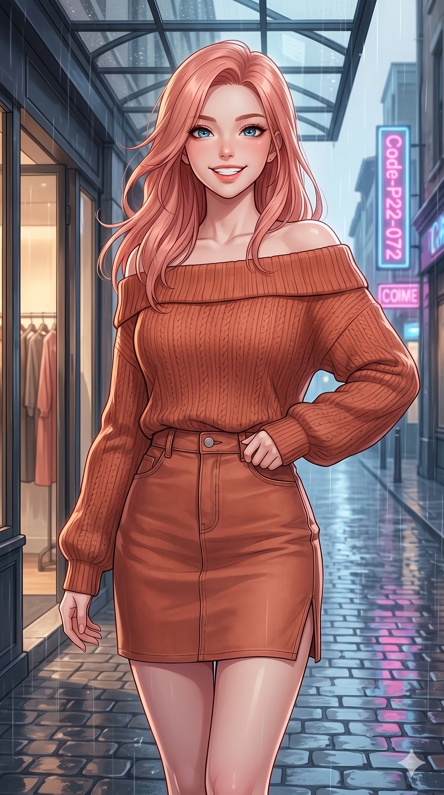 score_9, masterpiece, best quality, ultra-detailed, high-budget anime keyframe, vibrant anime aesthetic, Japanese woman. close-up cowboy shot from the waist and thighs up, the character dominates the composition, filling the frame with her large presence, background elements kept in soft focus. She is posing with a bright, energetic grin, her eyes glowing with energy, with her eyes bright and full of life with a soft breath of wind in her hair. by the entrance of a high-fashion boutique with a glass awning, overlooking rain-slicked city streets reflecting neon signs (Code-P22-072). She has an absolutely perfect proportion, an exceptionally elegant and slender female figure with an ultra-slim waist. V-shaped jawline, high-bridge nose, intricate jewel-like eyes with depth, thick eyelashes, glossy lips with a natural sheen. wearing an off-shoulder oversized sweater paired with a refined side vent denim skirt in warm terracotta. She is drenched in soft, diffused light of a rainy afternoon, creating clean outlines, accentuating her slender silhouette along the cobblestone alley. 2k, ultra detail, master piece, 9:16 ratio