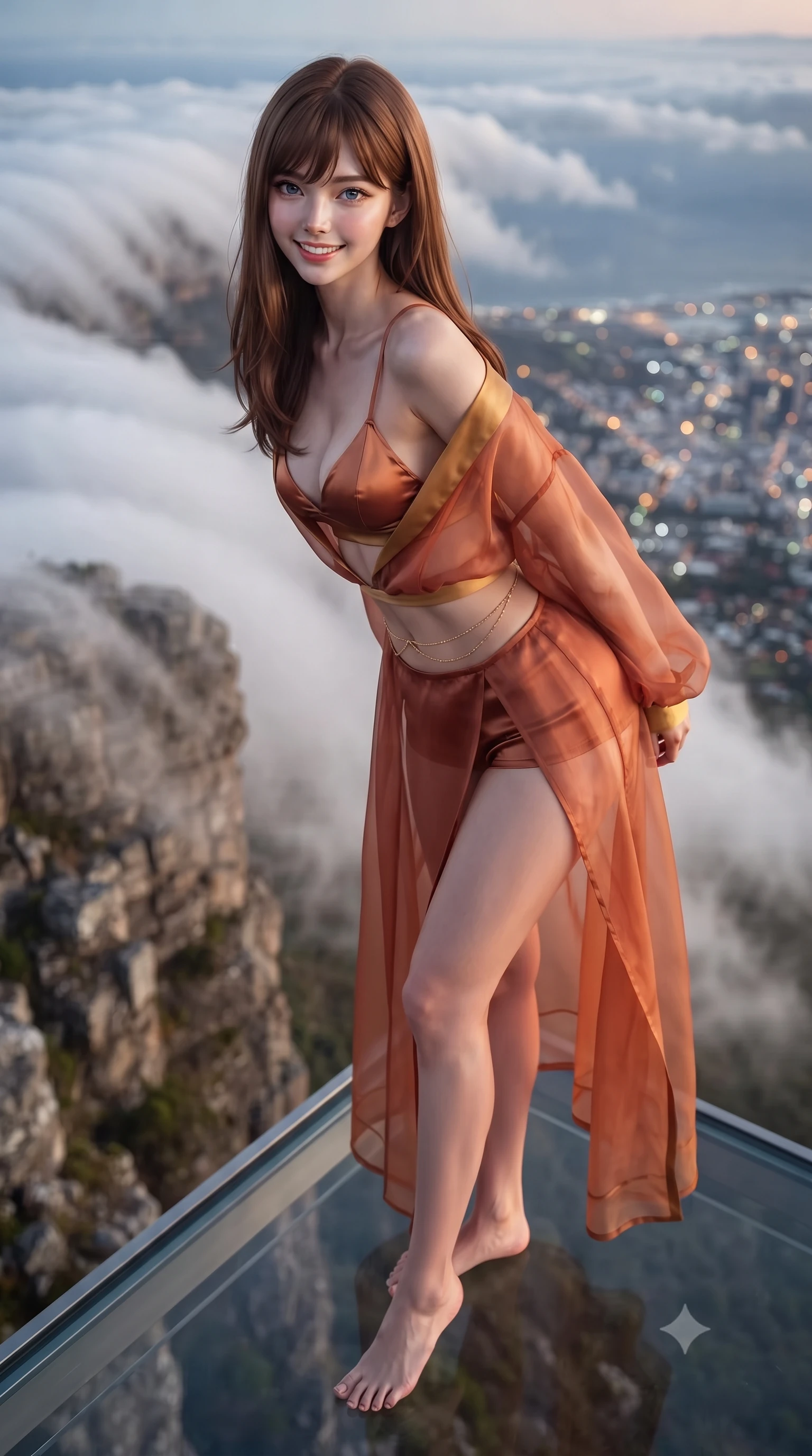 score_9, masterpiece, best quality, ultra-detailed, high-budget anime keyframe, editorial fashion photography, tasteful artistic composition, Korean woman. close-up cowboy shot from the waist and thighs up, the character dominates the composition, filling the frame with her large presence. leaning forward while arching her lower back to accentuate her curvy hips, looking into the camera with an intoxicating smoldering gaze and bedroom-eyes while standing poised on the heated glass cantilever platform 1,000 meters above the city, arching her lower back as billowing white 'tablecloth' cloud mist sweeps below. The background shows a soft-focus billowing white cloud mist cascading over vertical sandstone cliffs, distant city light grid of Cape Town, blurred into silver, amber, and sapphire bokeh. She has an exceptionally elegant, slender, and willowy female figure with an ultra-slim waist, flat toned midriff, narrow ribcage, and sculpted feminine hips creating an alluring, slim hourglass silhouette without bulk. sharp v-shaped jawline, high-bridge nose, intricate jewel-like sparkling eyes with depth, thick eyelashes, glossy parted lips with a natural peach sheen, bright cheerful beaming smile with an enchanting and coquettish sensual glint, exuding both youthful cute charm and seductive allure, flawlessly proportioned anatomical accuracy, strict slender model proportions, natural body alignment, perfectly sculpted long slender limbs, ultra-slim waistline, clean dynamic posture without body distortion. wearing a sheer silk organza modern caftan robe worn loose and slipping off bare shoulders over a matching satin bralette and micro-shorts in Florentine Renaissance Medici terracotta and warm gilded ochre, crafted from translucent silk organza with an ethereal crystalline sheen, accented with a dainty gold belly chain resting across her flat midriff and curving hips, the high-slit wrap tailoring accentuating her ultra-slim waistline and the enchanting curve of her feminine hips with alluring seductive charm. bathed in warm 2300K indoor hearth firelight contrasted with cool 6000K midnight cloud mist and starlight through glass. ultra-reflective glossy finish, specular highlights, rich textural contrasts, high-contrast stereoscopic depth, volumetric dynamic lighting, 2k, ultra detail, master piece, 9:16 ratio