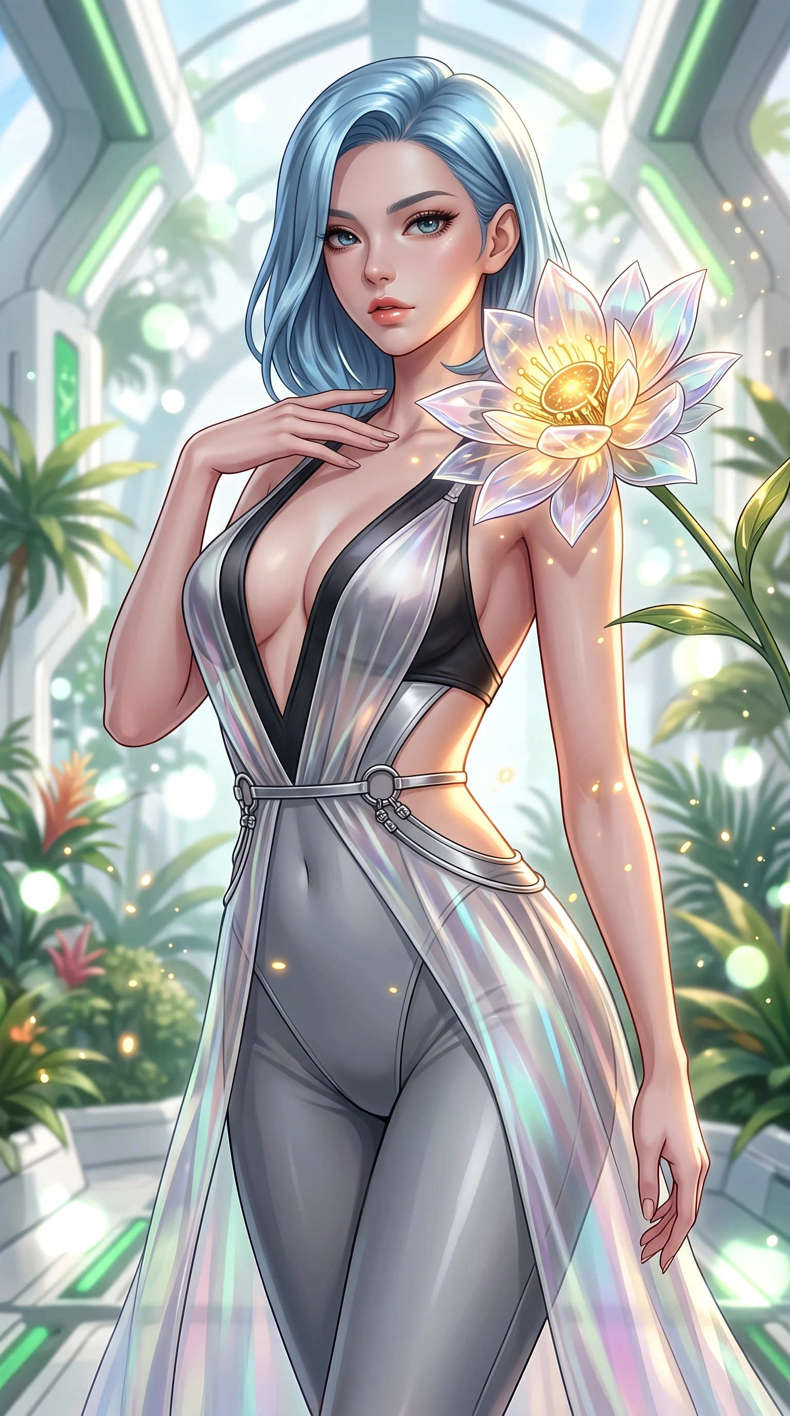 score_9, masterpiece, best quality, ultra-detailed, high-budget anime keyframe, editorial fashion photography, tasteful artistic composition, Korean woman. close-up cowboy shot from the waist and thighs up, the character dominates the composition, filling the frame with her large presence, background elements kept in soft focus. Pivoting her torso in an alluring S-curve alignment, one hand gently tracing her collarbone with poise while resting near a giant solar-powered crystal flower as warm sunlight illuminates her slender waist, glowing pollen particles drifting gracefully around her statuesque silhouette. She has an exceptionally elegant, slender, and willowy female figure with an ultra-slim waist, a gracefully sculpted slender torso, and a refined silhouette. sharp v-shaped jawline, high-bridge nose, intricate jewel-like eyes with depth, thick eyelashes, glossy lips with a natural sheen, flawlessly proportioned anatomical accuracy, natural body alignment, perfectly sculpted elegant limbs, clean dynamic posture without body distortion. wearing a translucent iridescent chiffon gown with a plunging neckline and open back in matte black and polished silver, crafted from smooth liquid silk, accented with delicate chrome ring hardware framing her waist, the sleek second-skin texture accentuating her magnetic presence. surrounded by a bright, airy ambiance with radiant white and green highlights. highly saturated vibrant anime colors, detailed shading with soft gradients, rich glossy textures, high-contrast stereoscopic depth, volumetric dynamic lighting, master piece, 9:16 ratio