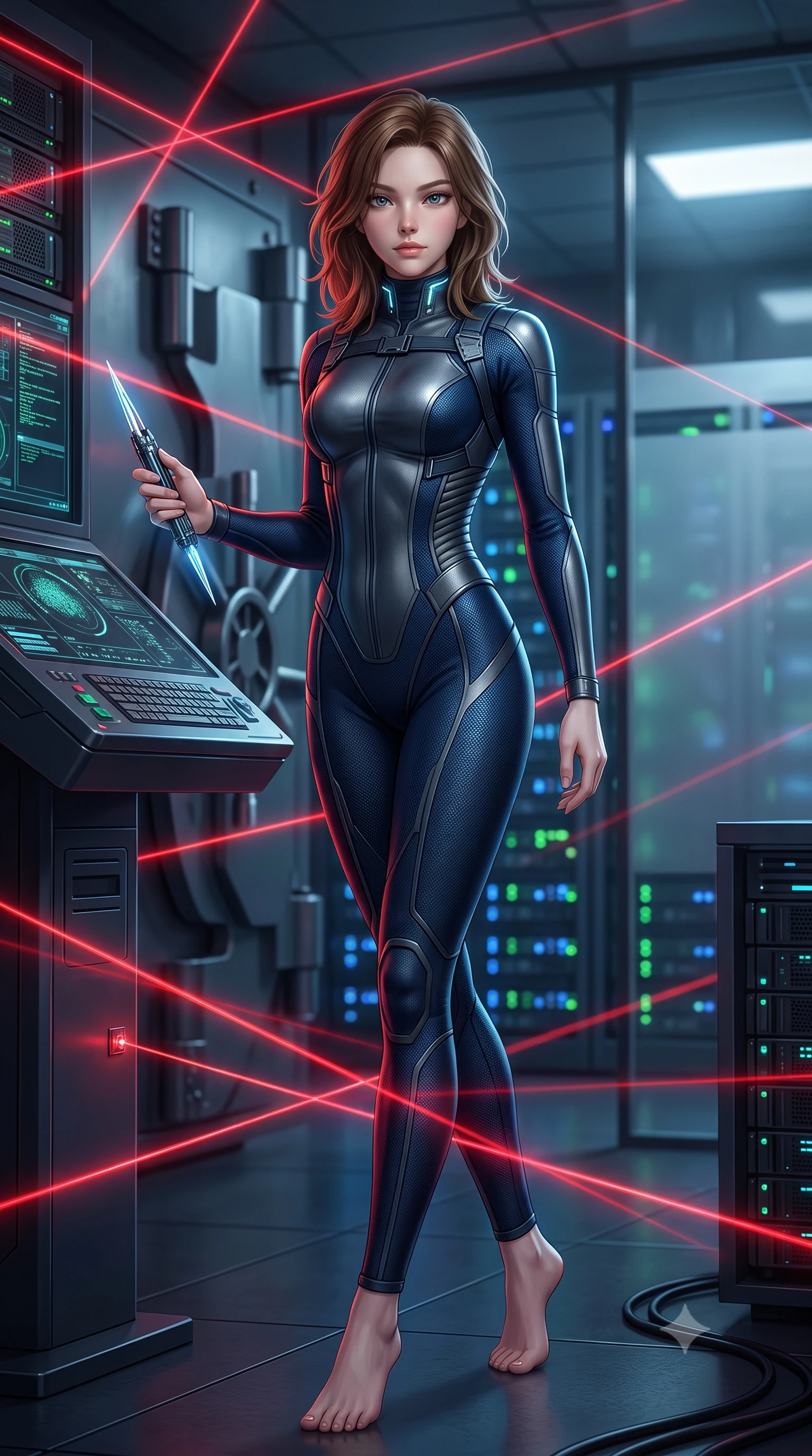score_9, masterpiece, best quality, ultra-detailed, high-budget anime keyframe, semi-realistic 3D game render, editorial fashion photography, tasteful artistic composition, Korean woman. low angle full-body shot from head to toe showing her feet, filling the entire 9:16 vertical frame with her statuesque presence, stretching her vertical silhouette. pivoting dynamically with supreme athletic balance and poise, her impossibly long slender legs creating a breathtaking line while holding a high-tech data-extraction spike near a master console terminal with supreme operative confidence. The composition keeps background elements in soft focus with creamy bokeh. heavy vault door locking bolts and frosted glass partition walls softened in moody shallow depth of field. She has an absolutely perfect, statuesque 8.5-heads proportion, an exceptionally tall and slender model-like female figure with impossibly long slender legs, a toned flat midriff, and an ultra-slim waist. sharp v-shaped jawline, high-bridge nose, intricate jewel-like eyes with depth, thick eyelashes, glossy lips with a natural sheen, captivating and magnetic expression, flawlessly proportioned anatomical accuracy, strict slender model proportions, natural body alignment, perfectly sculpted long slender limbs, ultra-slim waistline, clean dynamic posture without body distortion. wearing a form-contouring infiltration bodysuit with reinforced kevlar ribbing and magnetic utility harness in deep midnight blue and brushed gunmetal, made of reinforced ripstop micro-mesh with thermal insulation lining, featuring a high aerodynamic collar framed by subtle glowing cybernetic LEDs, the sleek tailored cut tightly hugging her graceful clavicle, narrow waist, and feminine curves with statuesque precision. bathed in dramatic intersecting red laser beam illumination and cool blue server indicator glow. highly saturated vibrant anime colors, detailed shading with soft gradients, rich glossy textures, high-contrast stereoscopic depth, volumetric dynamic lighting, master piece, 9:16 ratio