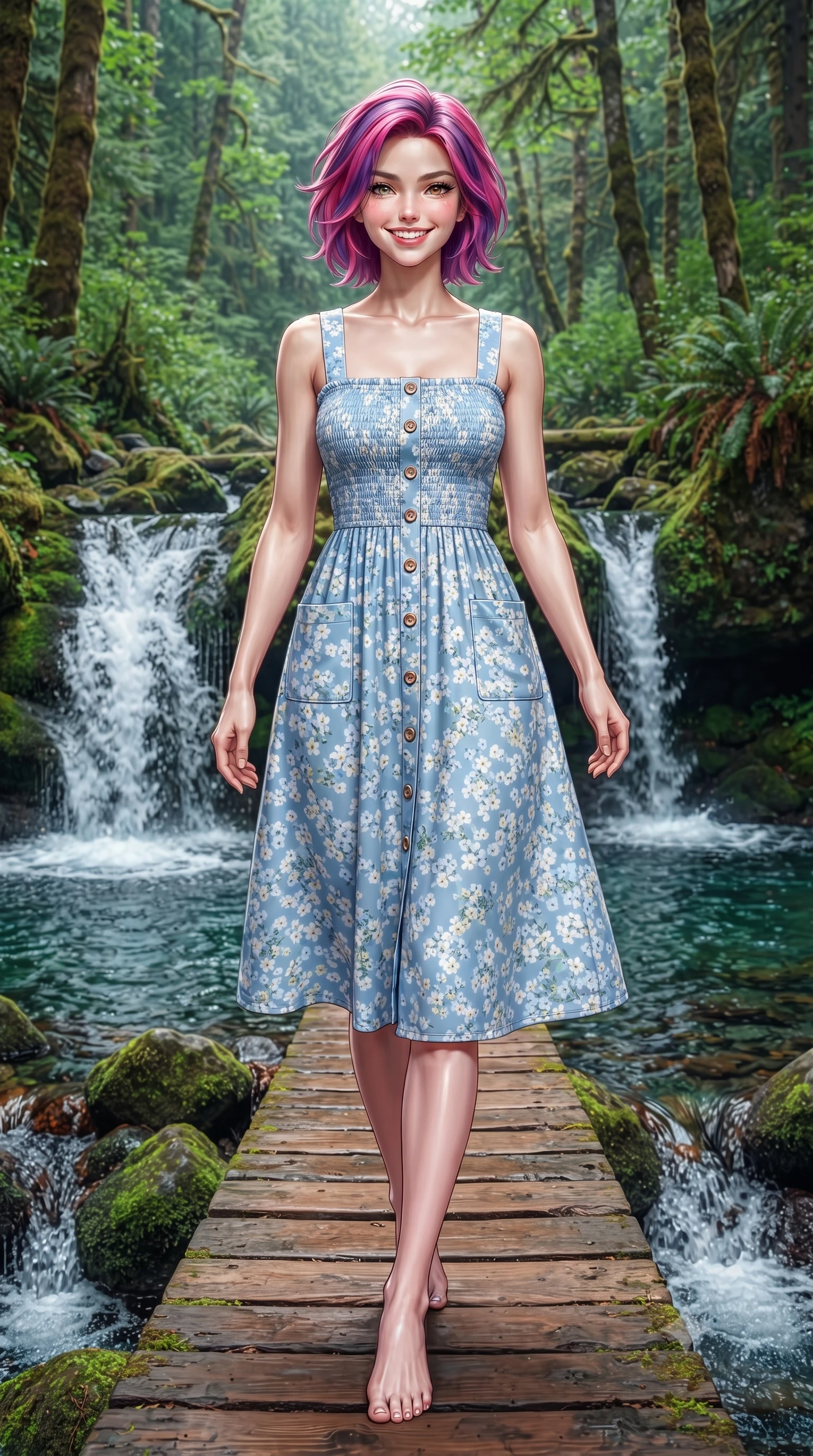 score_9, masterpiece, best quality, ultra-detailed, high-budget anime keyframe, editorial fashion photography, tasteful artistic composition, Caucasian woman. low angle full-body shot from head to toe showing her feet, filling the entire 9:16 vertical frame with her statuesque presence, stretching her vertical silhouette. walking forward in a cheerful, dynamic stride with a radiant beaming smile, her statuesque silhouette filling the frame while standing poised on a rustic cedar footbridge spanning a crystal-clear cascading waterfall with a delighted smile. The surrounding environment is rendered in vivid detail and crisp panoramic clarity. sharp cascading waterfall droplets, velvet moss textures on river stones, and clear pool caustics in deep focus. She has an absolutely perfect, statuesque 8.5-heads proportion, an exceptionally tall and slender model-like female figure with impossibly long slender legs, a toned flat midriff, and an ultra-slim waist. sharp v-shaped jawline, high-bridge nose, intricate jewel-like eyes with depth, thick eyelashes, glossy lips with a natural sheen, pure and lovely fresh girlhood expression, flawlessly proportioned anatomical accuracy, strict slender model proportions, natural body alignment, perfectly sculpted long slender limbs, ultra-slim waistline, clean dynamic posture without body distortion. wearing a sweet square-neck smocked midi dress decorated with delicate wildflower patterns in gentle baby blue and cloud white, made of comfortable premium stretch denim and airy cotton-jersey, finished with neat natural wooden buttons and patch pocket details, the chic real-way fashion cut emphasizing her effortless charm, flat midriff, and slender model proportions. illuminated by soft emerald forest bounce light accentuating her natural beauty and lovely outfit. ultra-reflective glossy finish, specular highlights, rich natural textures, high-contrast stereoscopic depth, volumetric dynamic lighting, 2k, ultra detail, master piece, 9:16 ratio