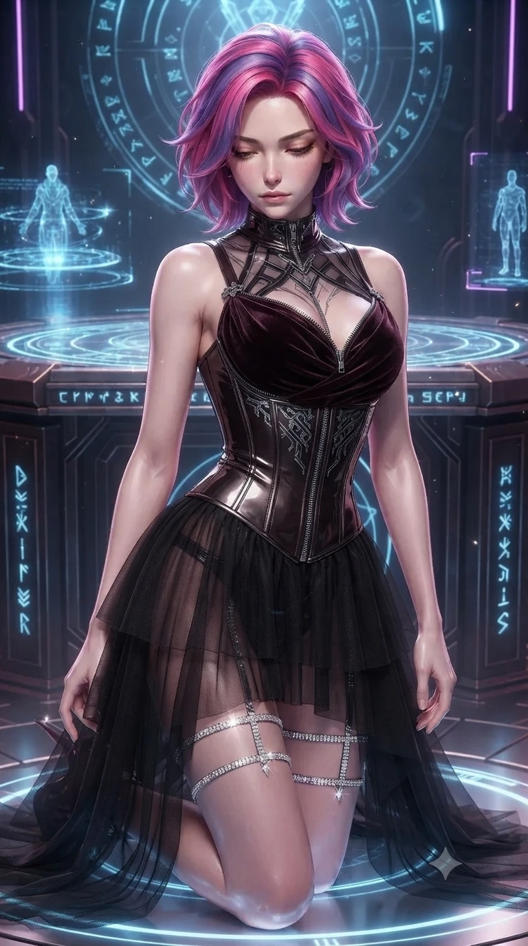 score_9, masterpiece, best quality, ultra-detailed, high-budget anime keyframe, editorial fashion photography, tasteful artistic composition, Caucasian woman. close-up cowboy shot from the waist and thighs up, the character dominates the composition, filling the frame with her large presence. looking down with lowered lashes and a composed, powerful dark aura, her tailored outfit tracing her curves while kneeling on one knee beside the digital altar dais with hips angled toward the camera, her dark tailored fit highlighting her hourglass curves. The surrounding environment is rendered in vivid detail and crisp panoramic clarity: detailed gothic velvet bodice gown drape, silver zipper teeth, and cybernetic rune details in razor-sharp precision. She has an exceptionally elegant, slender, and willowy female figure with an ultra-slim waist, flat toned midriff, narrow ribcage, and sculpted feminine hips creating an alluring, slim hourglass silhouette without bulk. sharp v-shaped jawline, high-bridge nose, intricate jewel-like dark sparkling eyes with hypnotic seductive depth, thick curled eyelashes, glossy parted lips with a natural wine sheen, alluring bedroom-eyes with an enigmatic smoldering smile, exuding magnetic sovereign charisma and dark avant-garde glamour, flawlessly proportioned anatomical accuracy, strict slender model proportions, natural body alignment, perfectly sculpted long slender limbs, ultra-slim waistline, clean dynamic posture without body distortion. wearing a tiered semi-sheer black tulle and silk slip dress with an ultra-slim corseted waist and bare shoulders in dark mahogany and brushed gunmetal, crafted from wet-look high-gloss vinyl fabric with dazzling specular surface reflections, finished with delicate crystal-encrusted thigh garter straps glinting in the laser glare, the bespoke structured tailoring following the natural line of her 8.5-heads silhouette with refined elegance. illuminated by holographic ground circle upward bounce and sharp electric-violet rim lights sculpting her razor-sharp jawline, narrow waist, and curvy hips. ultra-reflective glossy finish, specular highlights, metallic sheen, high-contrast stereoscopic depth, volumetric dynamic lighting, 2k, ultra detail, master piece, 9:16 ratio