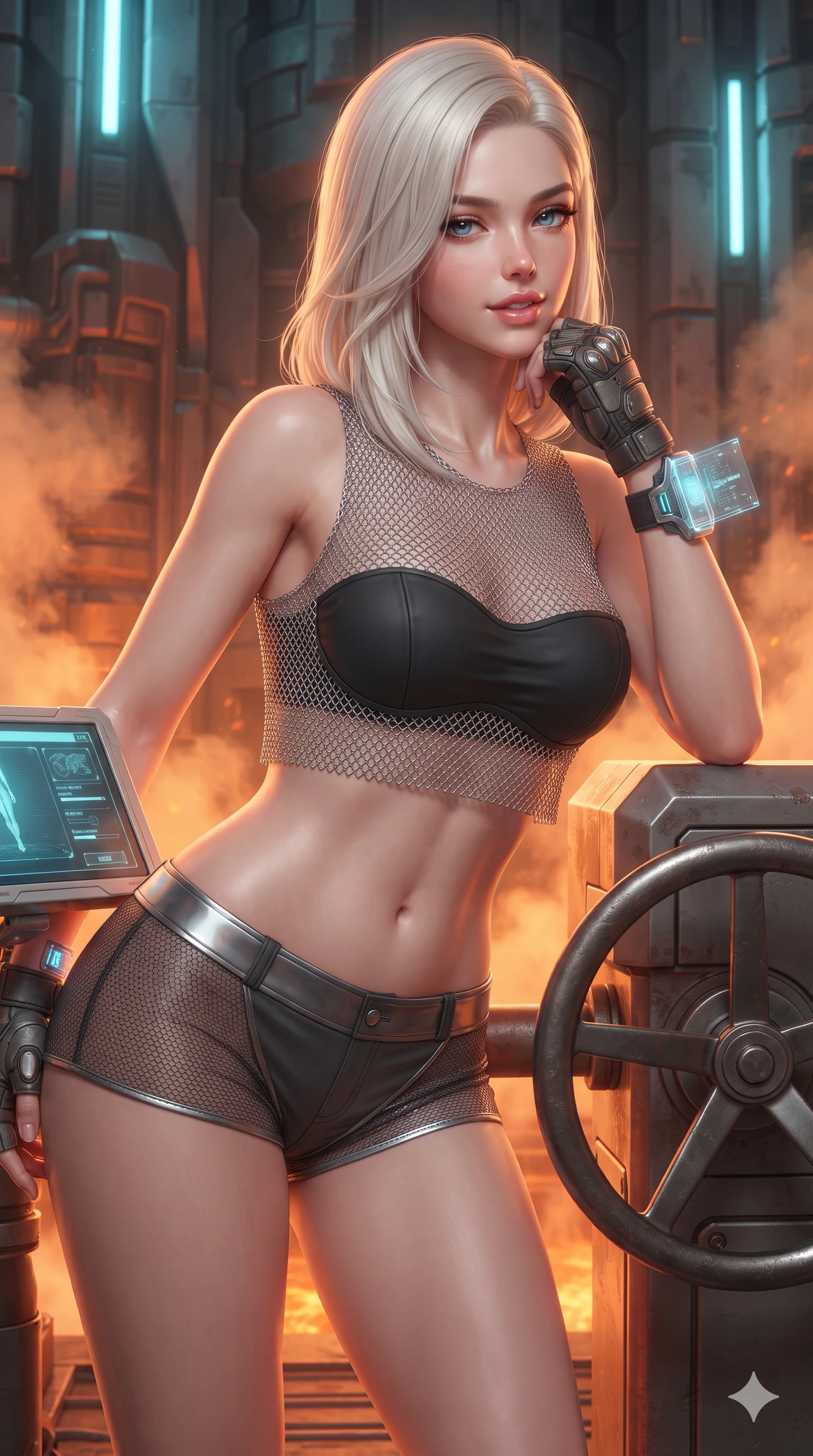 score_9, masterpiece, best quality, ultra-detailed, high-budget anime keyframe, editorial fashion photography, tasteful artistic composition, Caucasian woman. close-up cowboy shot from the waist and thighs up, the character dominates the composition, filling the frame with her large presence. resting one elbow on the diagnostic terminal and supporting her chin, leaning close to the camera with parted glossy lips and sparkling eyes while leaning against the heavy industrial bulkhead valve wheel with hips cocked back, looking through swirling orange steam clouds with heavy-lidded smoldering bedroom-eyes. The surrounding environment is rendered in vivid detail and crisp panoramic clarity: detailed high-tech combat tailoring, brushed alloy accents, and monumental geothermal architecture in razor-sharp precision. She has an exceptionally elegant, slender, and willowy female figure with an ultra-slim waist, flat toned midriff, narrow ribcage, and sculpted feminine hips creating an alluring, slim hourglass silhouette without bulk. sharp v-shaped jawline, high-bridge nose, intricate jewel-like sparkling eyes with depth, thick eyelashes, glossy parted lips with a natural sheen, bright confident smile with an enchanting and coquettish sensual glint, exuding both youthful magnetic charm and sovereign high-tech allure, flawlessly proportioned anatomical accuracy, strict slender model proportions, natural body alignment, perfectly sculpted long slender limbs, ultra-slim waistline, clean dynamic posture without body distortion. wearing a delicate silver chainmail mesh crop top layered over a sculpted matte black bandeau with low-rise combat shorts in charcoal grey and polished chrome, made of delicate semi-sheer nanotech mesh with microscopic hexagonal weaves, complemented by fingerless armored tactical gloves and a glowing holographic wrist terminal, the liquid-tight tailored fabric clinging flawlessly to her narrow waist and rounded feminine hips, emphasizing every millimeter of her sculpted slim hourglass curves without any bulky heaviness. bathed in the intense warm 2200K furnace glow of subterranean plasma conduits mixed with cool cyan emergency strip lights. ultra-reflective glossy finish, specular highlights, rich textural contrasts, high-contrast stereoscopic depth, volumetric dynamic lighting, 2k, ultra detail, master piece, 9:16 ratio