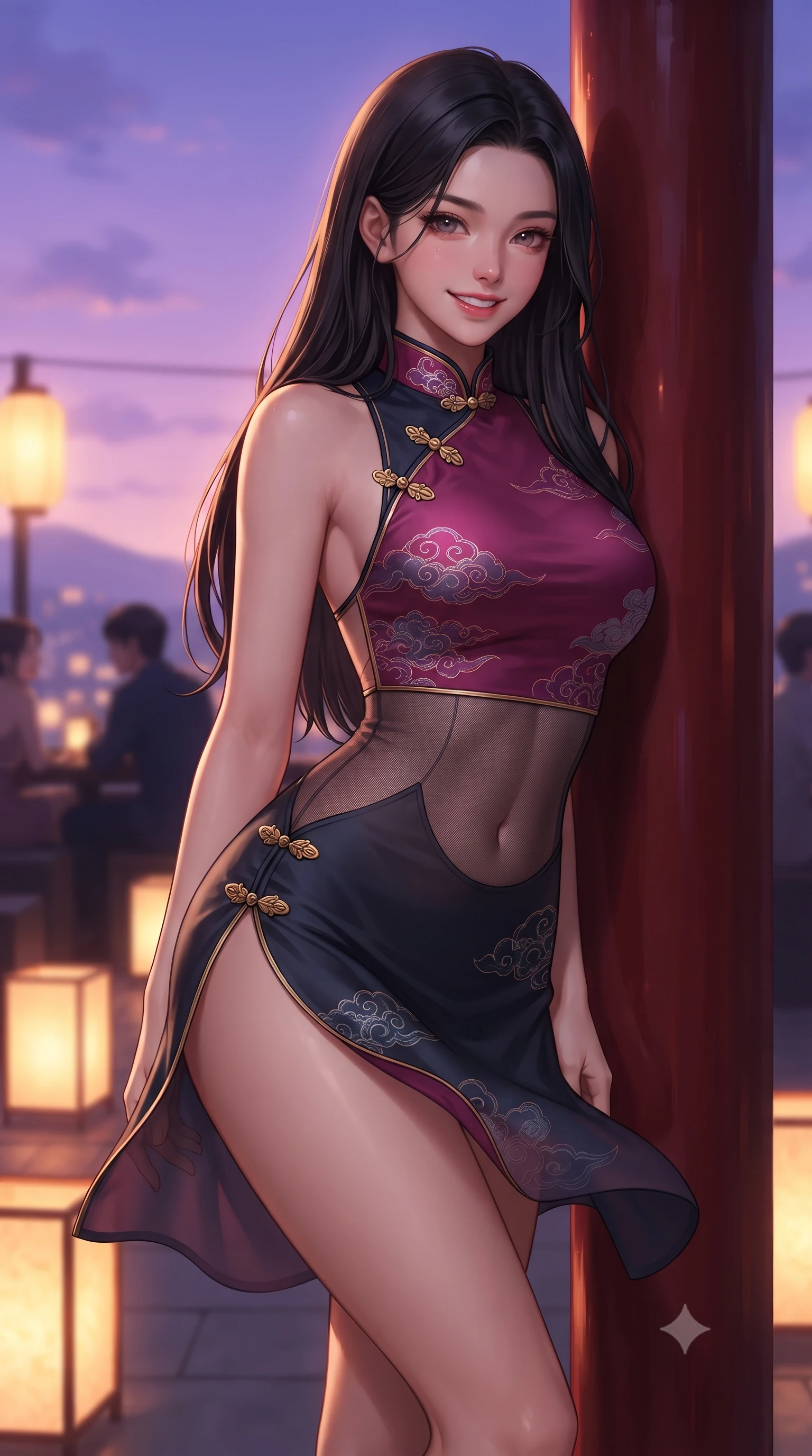 score_9, masterpiece, best quality, ultra-detailed, high-budget anime keyframe, editorial fashion photography, tasteful artistic composition, Korean woman. close-up cowboy shot from the waist and thighs up, the character dominates the composition, filling the frame with her large presence. leaning back against the red lacquer pillar with relaxed seductive grace, her flat midriff and narrow waist highlighted as warm lantern light traces her curves while twisting her slender torso in an alluring contrapposto stance, twilight evening breezes fluttering her modern fusion outfit around her slender legs and hips. The background shows a soft-focus glowing hanji paper floor lanterns and chic rooftop cocktail patrons softened in trendy Seoul shallow focus. She has an exceptionally elegant, slender, and willowy female figure with an ultra-slim waist, flat toned midriff, narrow ribcage, and sculpted feminine hips creating an alluring, slim hourglass silhouette without bulk. sharp v-shaped jawline, high-bridge nose, intricate jewel-like dark sparkling almond eyes with depth, thick lashes, glossy parted lips with a natural rose-plum sheen, bright alluring and coquettish smile with bedroom-eyes, exuding both timeless oriental elegance and sovereign high-fashion allure, flawlessly proportioned anatomical accuracy, strict slender model proportions, natural body alignment, perfectly sculpted long slender limbs, ultra-slim waistline, clean dynamic posture without body distortion. wearing a backless lace-up silk sundress with traditional cloud embroidery and an ultra-fitted hip-hugging silhouette in deep lotus magenta and matte midnight navy, made of sheer technical micro-mesh with contouring shadow effects, accented with intricate gold frog buttons and a delicate mandarin collar, the form-contouring cut accentuating her sculpted flat midriff, narrow delicate ribcage, and gracefully curvy hips with regal oriental supermodel elegance. bathed in glowing violet and rose-gold twilight sky radiance contrasting with warm rooftop lanterns. ultra-reflective glossy finish, specular highlights, rich textural contrasts, high-contrast stereoscopic depth, volumetric dynamic lighting, 2k, ultra detail, master piece, 9:16 ratio