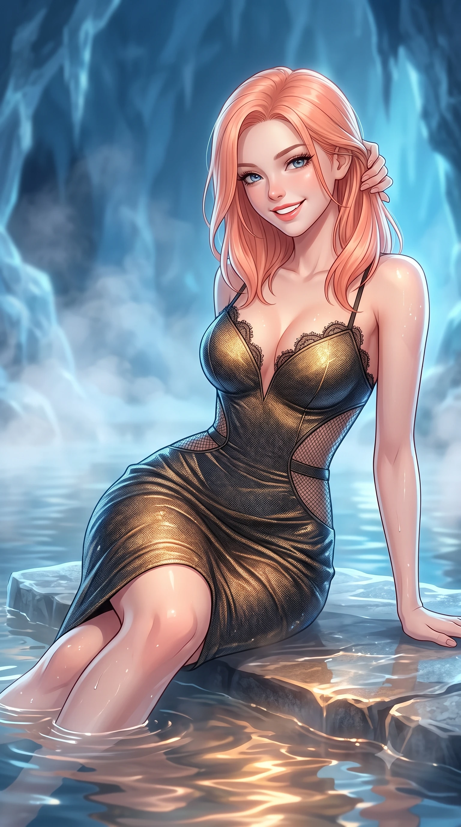 score_9, masterpiece, best quality, ultra-detailed, high-budget anime keyframe, editorial fashion photography, tasteful artistic composition, Japanese woman. close-up cowboy shot from the waist and thighs up, the character dominates the composition, filling the frame with her large presence. gently brushing a lock of hair behind her ear while casting a playful, flirtatious side-gaze with long eyelashes while reclining gracefully on the submerged heated stone shelf with legs extended, displaying her long slender limbs and statuesque hourglass silhouette against the frozen blue cavern. The background shows a soft-focus rising thermal mist softened in sub-glacial private thermal sanctuary shallow focus. She has an exceptionally elegant, slender, and willowy female figure with an ultra-slim waist, flat toned midriff, narrow ribcage, and sculpted feminine hips creating an alluring, slim hourglass silhouette without bulk. sharp v-shaped jawline, high-bridge nose, intricate jewel-like sparkling eyes with depth, thick eyelashes, glossy parted lips with a natural peach sheen, bright cheerful beaming smile with an enchanting and coquettish sensual glint, exuding both youthful cute charm and seductive allure, flawlessly proportioned anatomical accuracy, strict slender model proportions, natural body alignment, perfectly sculpted long slender limbs, ultra-slim waistline, clean dynamic posture without body distortion. wearing an alluring plunging sweetheart bodice dress with sheer mesh side-waist cutouts contouring her ribs in solar-flare gold and interstellar onyx, tailored from high-density tech-wool with subtle metallic thread weave, finished with scalloped eyelash lace trim framing her sweetheart neckline with intimate elegance, the form-contouring silhouette accentuating her sculpted flat midriff, narrow delicate ribcage, and gracefully curvy hips with intoxicating allure. illuminated by pool surface reflection bounce and sharp ice-blue rim lights sculpting her razor-sharp jawline, narrow waist, and curvy hips. ultra-reflective glossy finish, specular highlights, rich textural contrasts, high-contrast stereoscopic depth, volumetric dynamic lighting, 2k, ultra detail, master piece, 9:16 ratio