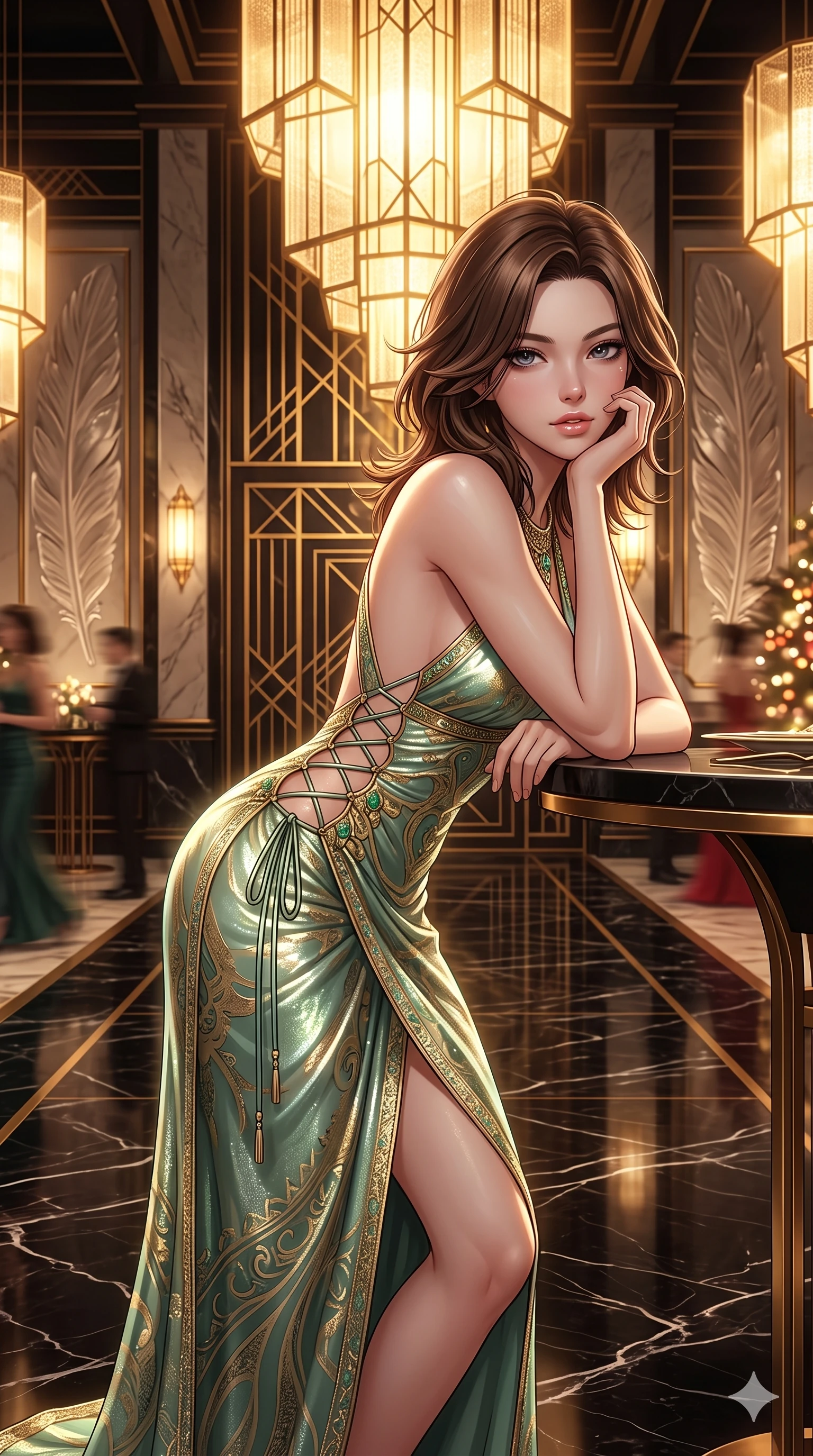 score_9, masterpiece, best quality, ultra-detailed, high-budget anime keyframe, semi-realistic 3D game render, editorial fashion photography, tasteful artistic composition, Korean woman. close-up cowboy shot from the waist and thighs up, the character dominates the composition, filling the frame with her large presence. resting one elbow on the table and supporting her chin, leaning close to the camera with heavy-lidded sparkling eyes and parted lips while walking slowly down the polished black marble ballroom aisle with hypnotic grace, hips swaying in an alluring sensual rhythm that accentuates her curvy hourglass silhouette. The surrounding environment is rendered in vivid detail and crisp panoramic clarity: sharp carved Lalique glass feather motifs, crisp brass inlay geometric lines, and polished marble floor vein patterns in deep focus. She has an exceptionally elegant, slender, and willowy female figure with an ultra-slim waist, flat toned midriff, narrow ribcage, and sculpted feminine hips creating an alluring, slim hourglass silhouette without bulk. sharp v-shaped jawline, high-bridge nose, intricate jewel-like sparkling eyes with depth, thick eyelashes, glossy parted lips with a natural sheen, intensely captivating and seductive bedroom-eyes expression, exuding both youthful cute charm and sovereign luxury allure, flawlessly proportioned anatomical accuracy, strict slender model proportions, natural body alignment, perfectly sculpted long slender limbs, ultra-slim waistline, clean dynamic posture without body distortion. wearing a liquid-silk jersey evening gown with an ultra-deep plunging open back descending to the base of her spine and a sculpted hip-hugging skirt in celadon jade and antique gold-leaf, crafted from stretch micro-mesh with liquid foil coating that shimmers with every movement, featuring fine criss-cross lace-up side ties revealing tantalizing glimpses of her hip curve, the high-slit wrap tailoring accentuating her ultra-slim waistline and the enchanting curve of her feminine hips with alluring seductive charm. bathed in the majestic, warm 2600K amber glow of geometric Lalique glass fixtures filtering through brass lattices. highly saturated vibrant anime colors, detailed shading with soft gradients, rich glossy textures, high-contrast stereoscopic depth, volumetric dynamic lighting, master piece, 9:16 ratio