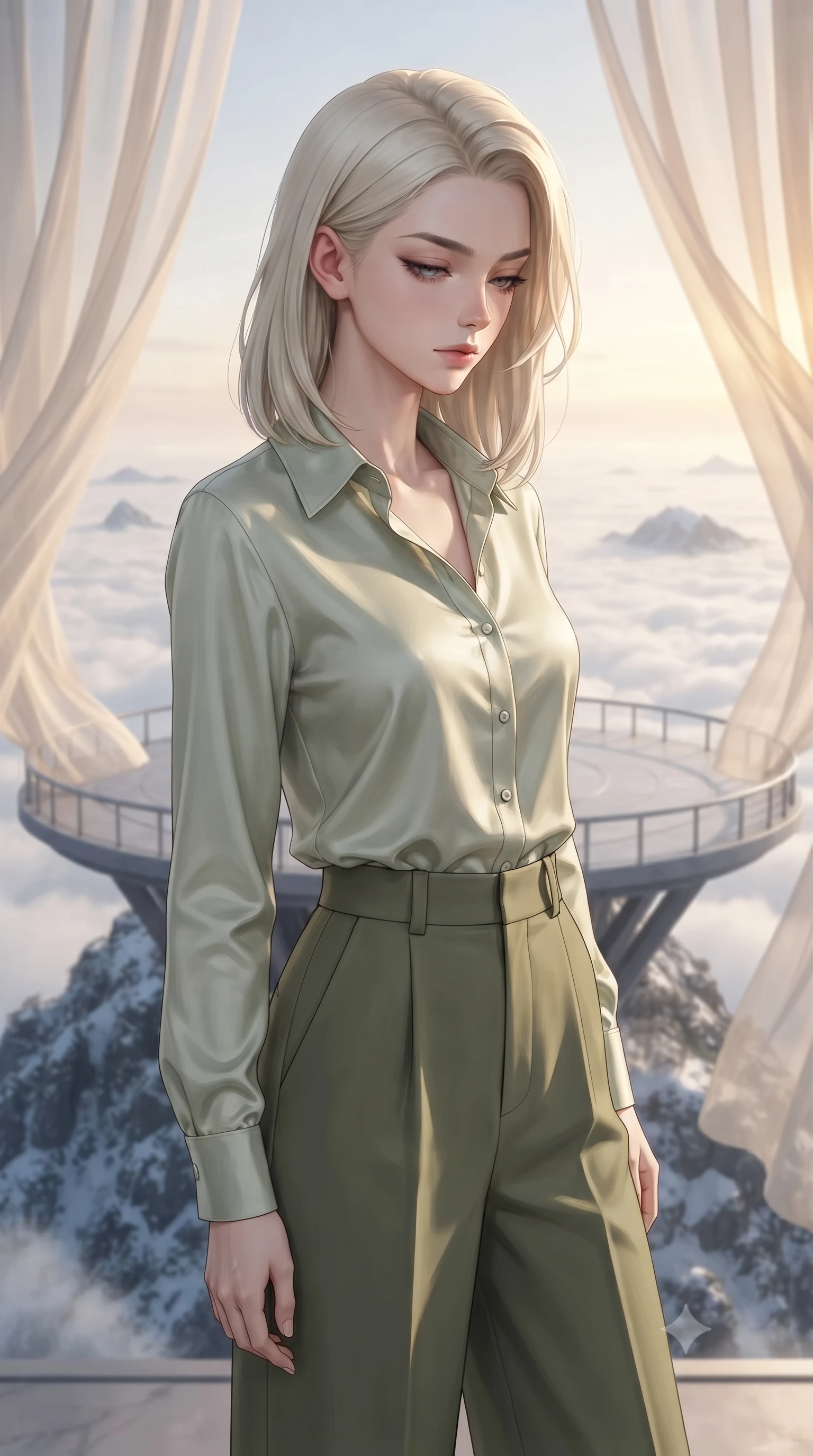 score_9, masterpiece, best quality, ultra-detailed, high-budget anime keyframe, editorial fashion photography, tasteful artistic composition, Caucasian woman, strictly human ears. close-up cowboy shot from the waist and thighs up, the character dominates the composition, filling the frame with her large presence, background elements kept in soft focus. Looking down with lowered lashes and a composed powerful expression. set against a soft-focus background of an open circular observation platform jutting out from a mountain peak above the cloud layer at sunrise with the vast white cloud sea stretching to every horizon and distant peaks emerging like islands. She has an exceptionally elegant and slender, willowy female figure with an ultra-slim waist, a gracefully sculpted slender torso, and a refined slim physique. sharp v-shaped jawline, high-bridge nose, intricate jewel-like eyes with depth, thick eyelashes, glossy lips with a natural sheen. wearing a pale sage green button-down silk shirt tucked into high-waisted olive green wide-leg trousers. cold silver moonlight filtered through translucent gossamer curtains casting delicate shadows. 2k, ultra detail, master piece, 9:16 ratio