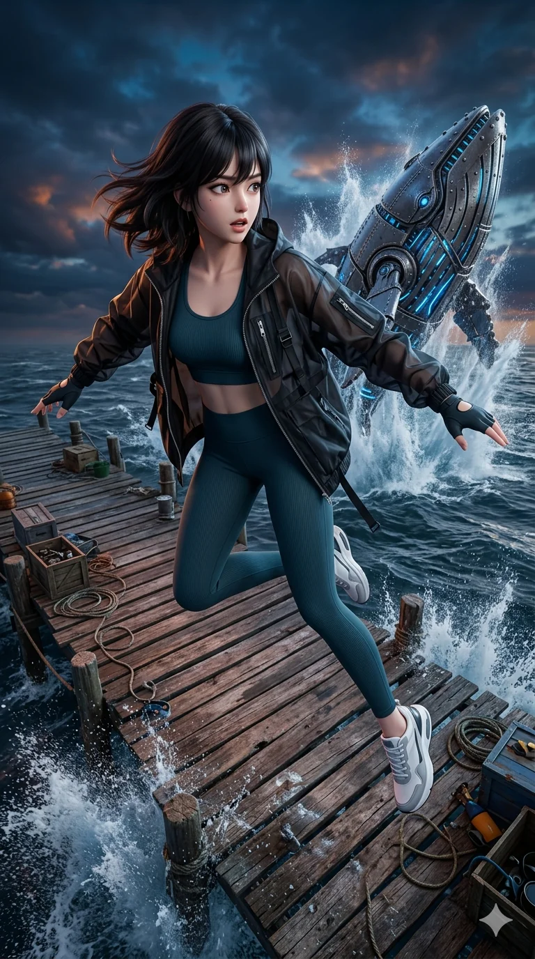 score_9, masterpiece, best quality, ultra-detailed, semi-realistic 3D game render, high-fidelity textures, Unreal Engine 5 style, Korean anime girl. Extreme high angle shot as she leaps towards the camera, filling the frame. collapsing onto a pier as the mechanical whale finally breaches. She has an absolutely perfect 8-heads proportion, an exceptionally tall and slender female figure with an ultra-slim waist and impossibly long slender legs. strictly human anatomy, two legs only, no extra limbs, clearly defined legs and arms, perfect anatomy, perfect hands and fingers. sharp v-shaped jawline, high-bridge nose, intricate jewel-like eyes, thick eyelashes, glossy lips. Wearing Premium Athleisure: Ribbed sports bra and leggings set, sheer windbreaker, and sleek high-performance activewear. The scene is illuminated by dramatic atmospheric lighting and vibrant color palettes. , 2k, ultra detail, master piece, 9:16 ratio