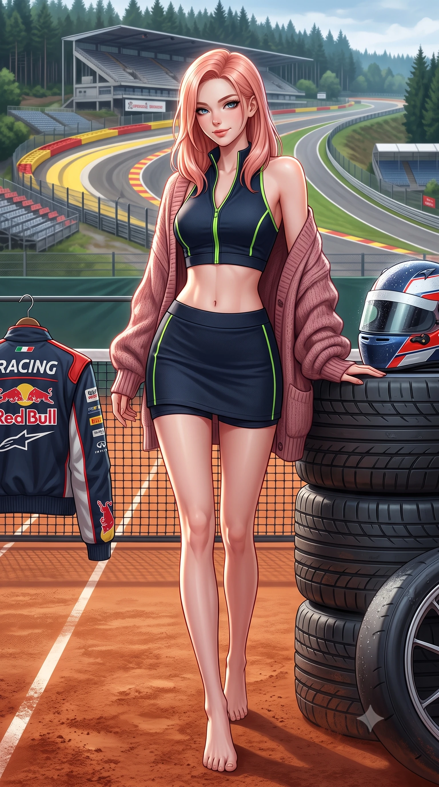 score_9, masterpiece, best quality, ultra-detailed, high-budget anime keyframe, semi-realistic 3D game render, editorial fashion photography, tasteful artistic composition, Japanese woman. low angle full-body shot from head to toe showing her feet, filling the entire 9:16 vertical frame with her statuesque presence, stretching her vertical silhouette. walking slowly along the clay court baseline, looking back over her shoulder with an air of effortless grace and an alluring, smoldering smile while leaning against the pit wall tire stack with hips cocked back, looking over a bare shoulder with an intoxicating, adrenaline-charged smile. The surrounding environment is rendered in vivid detail and crisp panoramic clarity: detailed racing jacket embroidery, misty droplets on visor, and historic Belgian circuit infrastructure in high resolution. She has an absolutely perfect, statuesque 8.5-heads proportion, an exceptionally tall and slender model-like female figure with impossibly long slender legs, an ultra-slim waist, a flat toned midriff, narrow delicate ribcage, and beautifully sculpted feminine hips creating a graceful, slim hourglass silhouette without any bulky heaviness. sharp v-shaped jawline, high-bridge nose, sparkling eyes with athletic focus and depth, thick curled eyelashes, glossy parted lips with a natural coral-peach sheen, bright confident and coquettish smile with alluring bedroom-eyes, exuding both youthful sporty vigor and sovereign high-society glamour, flawlessly proportioned anatomical accuracy, strict slender model proportions, natural body alignment, perfectly sculpted long slender limbs, ultra-slim waistline, clean dynamic posture without body distortion. wearing a modern two-piece athletic set featuring a zip-front halter sports crop top and curve-hugging tennis skirt with built-in compression shorts in deep midnight carbon and luminous lime green piping, tailored from ultra-soft fine cashmere yarn with an airy athletic drape, complemented by an oversized cashmere knit cardigan slipping off one bare shoulder, the liquid-tight tailored fabric clinging flawlessly to her narrow waist and rounded feminine hips, emphasizing every millimeter of her sculpted slim hourglass curves without any bulky heaviness. illuminated by track reflections and sharp crystalline rim lights carving her razor-sharp jawline, narrow waist, and curvy hips. highly saturated vibrant anime colors, detailed shading with soft gradients, rich glossy textures, high-contrast stereoscopic depth, volumetric dynamic lighting, master piece, 9:16 ratio