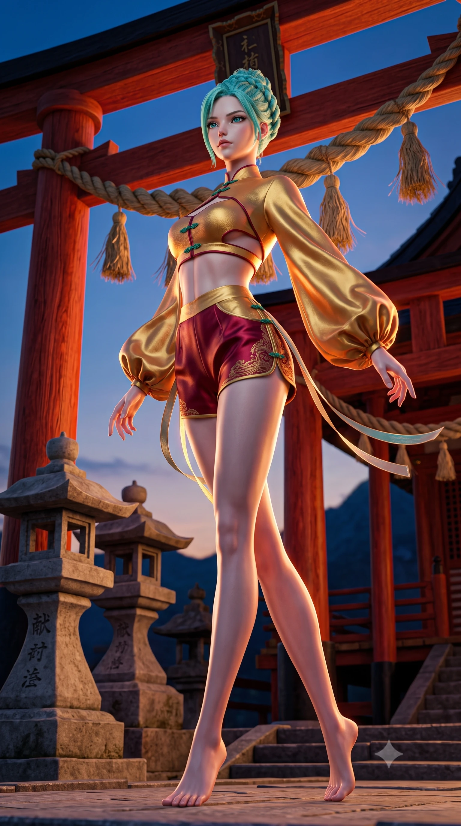 score_9, masterpiece, best quality, ultra-detailed, high-budget anime keyframe, semi-realistic 3D game render, editorial fashion photography, tasteful artistic composition, Japanese woman. low angle full-body shot from head to toe showing her feet, filling the entire 9:16 vertical frame with her statuesque presence, stretching her vertical silhouette. pivoting dynamically with supreme athletic balance and poise, her impossibly long slender legs creating a breathtaking line while pivoting dynamically as sacred shimenawa ropes sway in the mountain wind, her flowing silk sleeves catching the celestial glow. The surrounding environment is rendered in vivid detail and crisp panoramic clarity. intricate vermilion torii wood grain, braided straw shimenawa textures, and stone lantern carvings in deep focus. She has an absolutely perfect, statuesque 8.5-heads proportion, an exceptionally tall and slender model-like female figure with impossibly long slender legs, a toned flat midriff, and an ultra-slim waist. sharp v-shaped jawline, high-bridge nose, intricate jewel-like eyes with depth, thick eyelashes, glossy lips with a natural sheen, captivating and magnetic expression, flawlessly proportioned anatomical accuracy, strict slender model proportions, natural body alignment, perfectly sculpted long slender limbs, ultra-slim waistline, clean dynamic posture without body distortion. wearing a modern shortened cyber-hanbok crop top with wide billowing sleeves and high-waist silk shorts in imperial gold and deep crimson silk, woven from fine mulberry silk with metallic thread embroidery, finished with genuine jade button closures and floating celestial silk ribbons, the precision-cut daring openings accentuating her delicate midriff, graceful bare collarbones, and ultra-slim feminine waistline. illuminated by crisp directional rim lighting accentuating her slender curves, bare spine, and flowing robes. highly saturated vibrant anime colors, detailed shading with soft gradients, rich glossy textures, high-contrast stereoscopic depth, volumetric dynamic lighting, master piece, 9:16 ratio