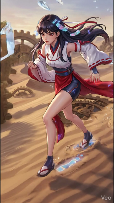 A cinematic tracking shot of an anime girl in a red and white outfit running across a vast desert of golden sand. Giant, ancient clockwork gears rotate slowly in the background. With every step, glowing blue footprints ignite on the sand. Shards of g