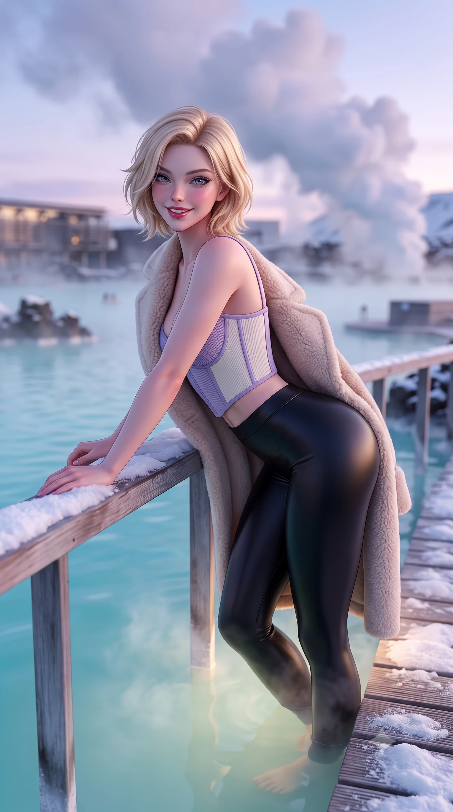 score_9, masterpiece, best quality, ultra-detailed, high-budget anime keyframe, semi-realistic 3D game render, editorial fashion photography, tasteful artistic composition, Caucasian woman. close-up cowboy shot from the waist and thighs up, the character dominates the composition, filling the frame with her large presence. leaning forward over the snow-dusted balustrade while arching her lower back to accentuate her curvy hips, looking into the camera with a radiant playful smile and seductive bedroom-eyes while resting on the wooden lagoon boardwalk with legs dipping into the warm water, her long slender limbs and hourglass silhouette radiating allure. The composition keeps background elements in soft focus with dreamy creamy bokeh. thick billowing geothermal steam clouds rising into the sub-zero air softened in otherworldly Icelandic shallow focus. She has an exceptionally elegant, slender, and willowy female figure with an ultra-slim waist, flat toned midriff, narrow ribcage, and sculpted feminine hips creating an alluring, slim hourglass silhouette without bulk. sharp v-shaped jawline, high-bridge nose, sparkling ice-crystal eyes with depth, frosty thick lashes, glossy parted lips with a rosy berry sheen, bright playful smile with an intoxicating seductive glint, rosy flushed cheeks radiating cozy warmth and dangerous allure, flawlessly proportioned anatomical accuracy, strict slender model proportions, natural body alignment, perfectly sculpted long slender limbs, ultra-slim waistline, clean dynamic posture without body distortion. wearing sleek black liquid-look thermal leggings paired with a cropped structured corset top in frosty lilac violet and pearlescent ivory, tailored from fine lightweight merino wool rib knit with structural contouring, complemented by an oversized plush shearling coat draped casually over one shoulder, the liquid-tight tailored fabric clinging flawlessly to her narrow waist and rounded feminine hips, emphasizing every millimeter of her sculpted slim hourglass curves without any bulky heaviness. bathed in soft ethereal Nordic pastel twilight and warm geothermal water illumination. highly saturated vibrant anime colors, detailed shading with soft gradients, rich glossy textures, high-contrast stereoscopic depth, volumetric dynamic lighting, master piece, 9:16 ratio