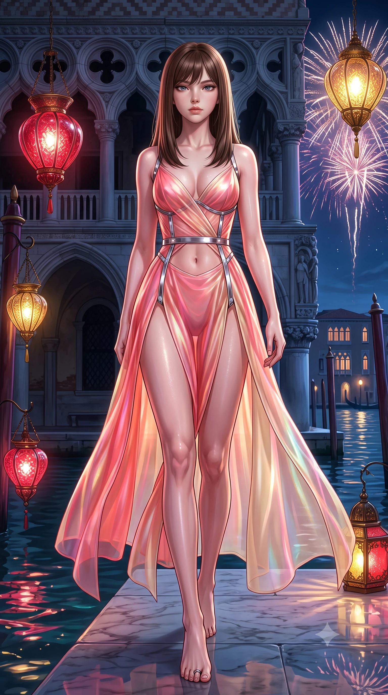 score_9, masterpiece, best quality, ultra-detailed, high-budget anime keyframe, semi-realistic 3D game render, editorial fashion photography, tasteful artistic composition, Korean woman. low angle full-body shot from head to toe showing her feet, filling the entire 9:16 vertical frame with her statuesque presence, stretching her vertical silhouette. striding forward in a proud, statuesque motion with a dangerous smolder, her vertical silhouette dominating the frame from head to toe while standing with regal poise on a private palazzo water dock as Murano glass lanterns cast glowing ruby and gold reflections. The surrounding environment is rendered in vivid detail and crisp panoramic clarity. sharp Murano glass lantern details, marble palazzo Gothic arches, and carnival firework bursts in high clarity. She has an absolutely perfect, statuesque 8.5-heads proportion, an exceptionally tall and slender model-like female figure with impossibly long slender legs, a toned flat midriff, and an ultra-slim waist. sharp v-shaped jawline, high-bridge nose, intricate jewel-like eyes with depth, thick eyelashes, glossy lips with a natural sheen, flawlessly proportioned anatomical accuracy, strict slender model proportions, natural body alignment, perfectly sculpted long slender limbs, ultra-slim waistline, clean dynamic posture without body distortion. wearing a translucent iridescent organza wrap dress with structured bustier boning, plunging neckline, and high-cut dual leg slits in radiant coral pink and champagne ivory, made of smooth iridescent silk chiffon that shifts colors with movement, reinforced by a sleek metallic chrome harness and delicate glowing micro-straps, the precision-cut daring openings accentuating her delicate midriff, graceful bare collarbones, and ultra-slim feminine waistline. illuminated by dramatic firework rim lights sharply defining her ultra-slim waist and long legs. highly saturated vibrant anime colors, detailed shading with soft gradients, rich glossy textures, high-contrast stereoscopic depth, volumetric dynamic lighting, master piece, 9:16 ratio