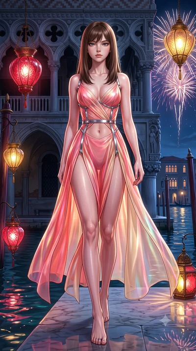 score_9, masterpiece, best quality, ultra-detailed, high-budget anime keyframe, semi-realistic 3D game render, editorial fashion photography, tasteful artistic composition, Korean woman. low angle full-body shot from head to toe showing her feet, fil