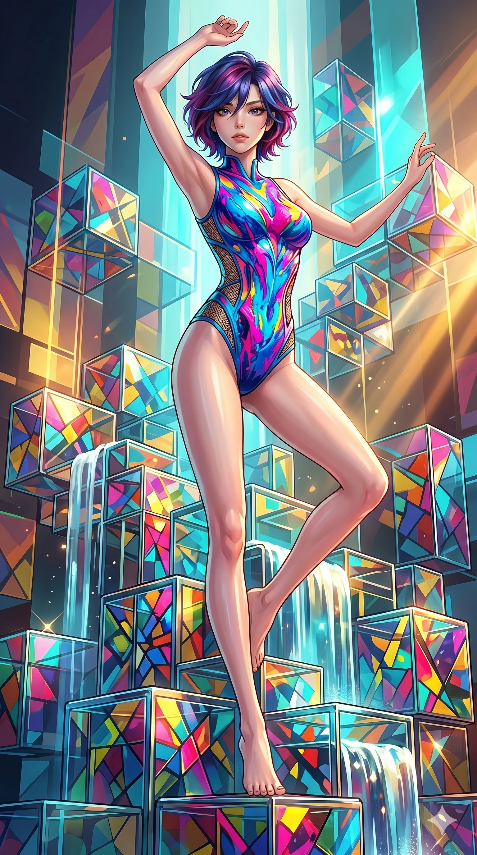 score_9, masterpiece, best quality, ultra-detailed, high-budget anime keyframe, Japanese woman. low angle full-body shot filling the entire 9:16 frame with her statuesque presence, stretching the vertical silhouette. balancing on cubist glass blocks that cascade like a waterfall, reflecting complex mosaic patterns and primary colors. She has an absolutely perfect 8-heads proportion, an exceptionally tall and slender female figure with impossibly long slender legs and an ultra-slim waist. V-shaped jawline, high-bridge nose, intricate jewel-like eyes with depth, thick eyelashes, glossy lips with a natural sheen.. wearing a liquid acrylic splash bodysuit, featuring a structured bodysuit with vivid fluorescent acrylic-splash surface art and architectural side mesh panels. showcasing a beautiful play of light and shadow, with warm golden rays clashing against cool cyan highlights. 2k, ultra detail, master piece, 9:16 ratio
