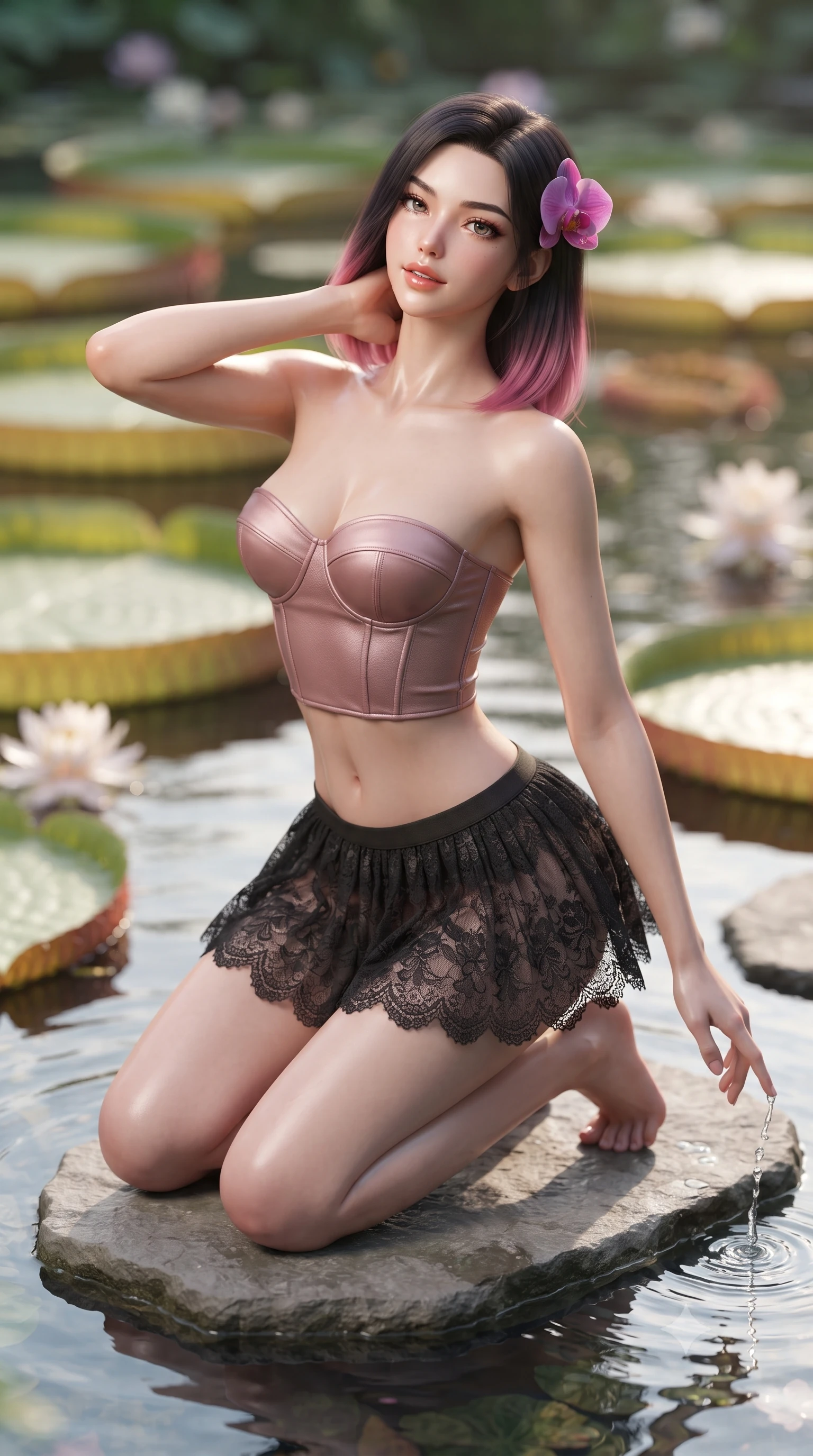 score_9, masterpiece, best quality, ultra-detailed, high-budget anime keyframe, editorial fashion photography, tasteful artistic composition, Korean woman. close-up cowboy shot from the waist and thighs up, the character dominates the composition, filling the frame with her large presence. resting both hands lightly behind her neck with elbows raised, arching her spine to highlight her narrow waist, flat midriff, and breathtaking collarbones while kneeling gracefully on the flat stepping stone with one knee bent, trailing fingers in the clear pond water with effortless seductive charm. The background shows a soft-focus colossal six-foot circular Victoria amazonica lily pads, blooming night-scented flowers, and water reflections blurred into seafoam, ivory, and amber bokeh. She has an exceptionally elegant, slender, and willowy female figure with an ultra-slim waist, flat toned midriff, narrow ribcage, and sculpted feminine hips creating an alluring, slim hourglass silhouette without bulk. sharp v-shaped jawline, high-bridge nose, sparkling eyes with hypnotic seductive depth, thick curled eyelashes, glossy parted lips with a natural dewy peach sheen, alluring bedroom-eyes with an enchanting coquettish smile, exuding magnetic siren charisma and sophisticated glamour, flawlessly proportioned anatomical accuracy, strict slender model proportions, natural body alignment, perfectly sculpted long slender limbs, ultra-slim waistline, clean dynamic posture without body distortion. wearing a strapless boned satin bustier paired with an airy micro-pleated floral chiffon skirt framing her hourglass hips in dusky blush rose and antique black chantilly lace, woven from buttery-soft stretch lambskin leather adhering to her body like a second skin, accented with a fresh-bloomed exotic magenta orchid tucked gracefully into her dark glossy hair, the form-contouring silhouette accentuating her sculpted flat midriff, narrow delicate ribcage, and gracefully curvy hips with intoxicating allure. illuminated by water reflection fill and sharp silvery-gold rim lights defining her razor-sharp jawline, narrow waist, and curvy hips. ultra-reflective glossy finish, specular highlights, rich textural contrasts, high-contrast stereoscopic depth, volumetric dynamic lighting, 2k, ultra detail, master piece, 9:16 ratio