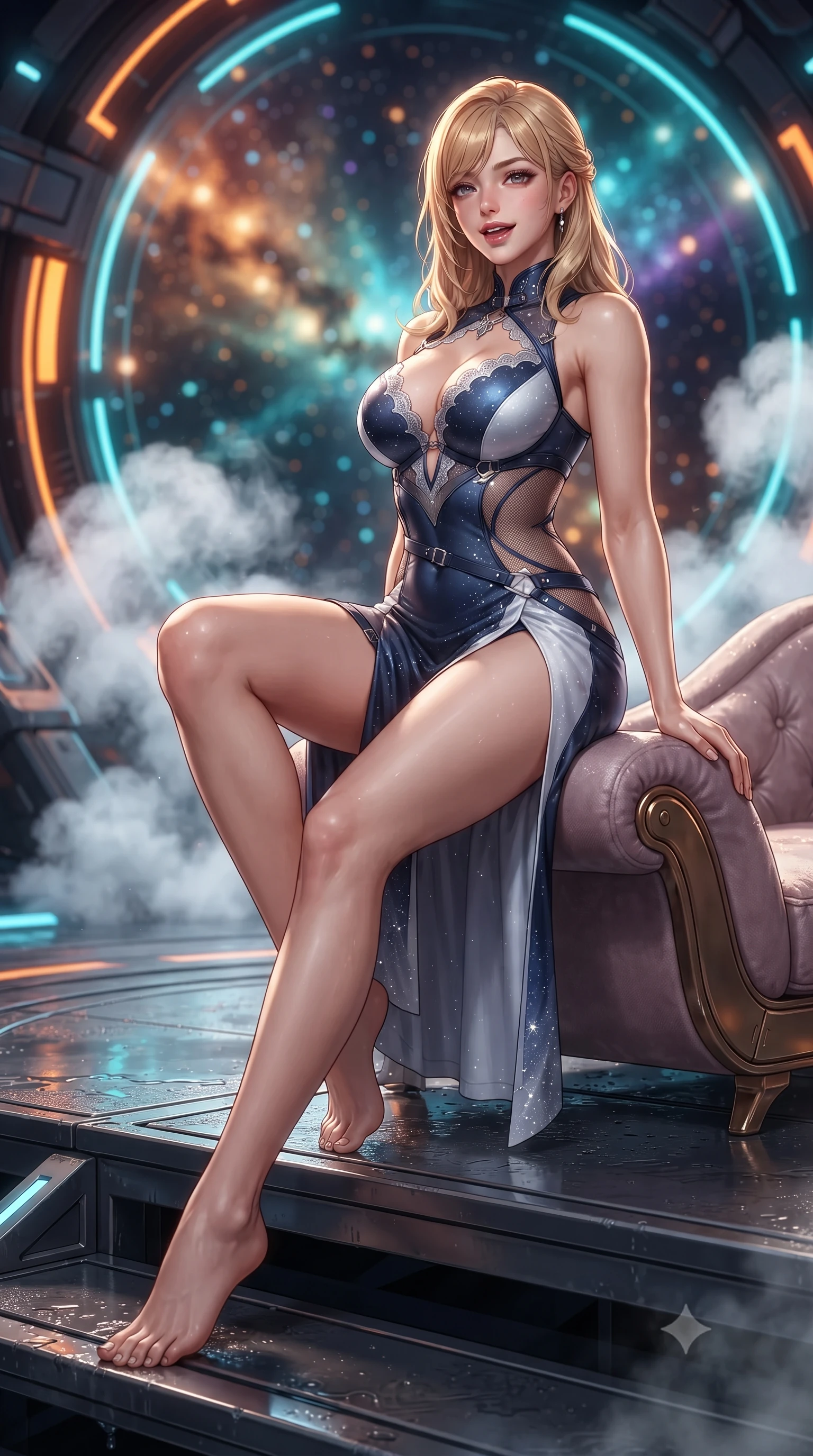 score_9, masterpiece, best quality, ultra-detailed, high-budget anime keyframe, editorial fashion photography, tasteful artistic composition, Caucasian woman. low angle full-body shot from head to toe showing her feet, filling the entire 9:16 vertical frame with her statuesque presence, stretching her vertical silhouette. reclining gracefully across the plush chaise lounge with one leg extended, her sculpted silhouette and flat midriff radiating magnetic nocturnal glamour while sitting poised on the elevated titanium gantry step with one knee bent, arching her back with confident combat poise and parted glossy lips. The background shows a soft-focus pulsing orange and cyan magnetic acceleration rings, billows of swirling white coolant steam, and distant star nebula blurred into amber, turquoise, and violet bokeh. She has an exceptionally tall and slender model-like 8.5-heads proportion, an ultra-slim waist, a flat toned midriff, narrow delicate ribcage, and beautifully sculpted feminine hips creating a graceful, slim hourglass silhouette without any bulky heaviness, with impossibly long slender legs. sharp v-shaped jawline, high-bridge nose, intricate jewel-like sparkling eyes with depth, thick eyelashes, glossy parted lips with a natural peach sheen, bright cheerful beaming smile with an enchanting and coquettish sensual glint, exuding both youthful cute charm and seductive allure, flawlessly proportioned anatomical accuracy, strict slender model proportions, natural body alignment, perfectly sculpted long slender limbs, ultra-slim waistline, clean dynamic posture without body distortion. wearing an alluring plunging sweetheart tactical bodice with sheer mesh side-waist cutouts contouring her ribs in pristine orbital navy white and silver starlight, made of fluid liquid jersey with seamless sculpting hold and smooth contours, finished with scalloped eyelash lace trim framing her sweetheart neckline with intimate elegance, the high-slit wrap tailoring accentuating her ultra-slim waistline and the enchanting curve of her feminine hips with alluring seductive charm. illuminated by wet metal deck bounce and sharp amber-gold rim lights defining her dewy collarbones, ultra-slim waist, and curvy hips. ultra-reflective glossy finish, specular highlights, rich textural contrasts, high-contrast stereoscopic depth, volumetric dynamic lighting, 2k, ultra detail, master piece, 9:16 ratio