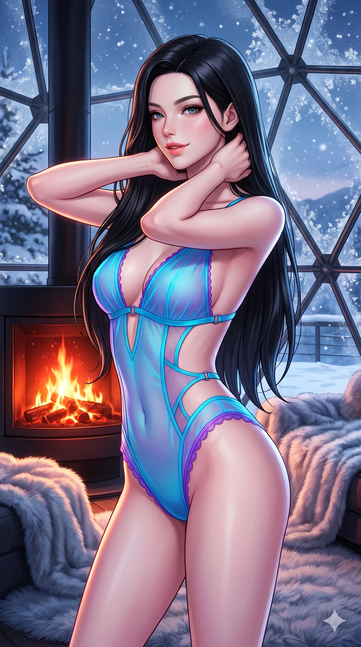 score_9, masterpiece, best quality, ultra-detailed, high-budget anime keyframe, semi-realistic 3D game render, editorial fashion photography, tasteful artistic composition, Korean woman. close-up cowboy shot from the waist and thighs up, the character dominates the composition, filling the frame with her large presence. twisting her slender torso in a deep contrapposto stance, hips dramatically shifted to accentuate her feminine curves while looking past her shoulder with smoldering bedroom-eyes while resting both hands lightly behind her neck with elbows raised before the fireplace, arching her spine to highlight her narrow waist and flat midriff. The surrounding environment is rendered in vivid detail and crisp panoramic clarity: sharp geodesic steel frame nodes, snow crystal facets clinging to heated exterior glass panes, and plush polar faux-fur fibers in deep focus. She has an exceptionally elegant, slender, and willowy female figure with an ultra-slim waist, flat toned midriff, narrow ribcage, and sculpted feminine hips creating an alluring, slim hourglass silhouette without bulk. sharp v-shaped jawline, high-bridge nose, sparkling eyes with hypnotic seductive depth, thick curled eyelashes, glossy parted lips with a natural dewy peach sheen, alluring bedroom-eyes with an enchanting coquettish smile, exuding magnetic siren charisma and sophisticated glamour, flawlessly proportioned anatomical accuracy, strict slender model proportions, natural body alignment, perfectly sculpted long slender limbs, ultra-slim waistline, clean dynamic posture without body distortion. wearing a translucent sheer silk chiffon plunge-front teddy with exposed back and scalloped micro hems in electric neon cyan and violet amethyst, woven from diaphanous sheer organza revealing soft shadowy curves underneath, accented with provocative sheer side-cutout mesh panels and micro-ring buckle hardware, the glove-like clinging cut tightly following the natural contour of her hips and long slender legs with youthful 8.5-heads elegance. illuminated by snowy ground reflection fill and sharp icy-platinum rim lights defining her razor-sharp jawline, narrow waist, and curvy hips. highly saturated vibrant anime colors, detailed shading with soft gradients, rich glossy textures, high-contrast stereoscopic depth, volumetric dynamic lighting, master piece, 9:16 ratio