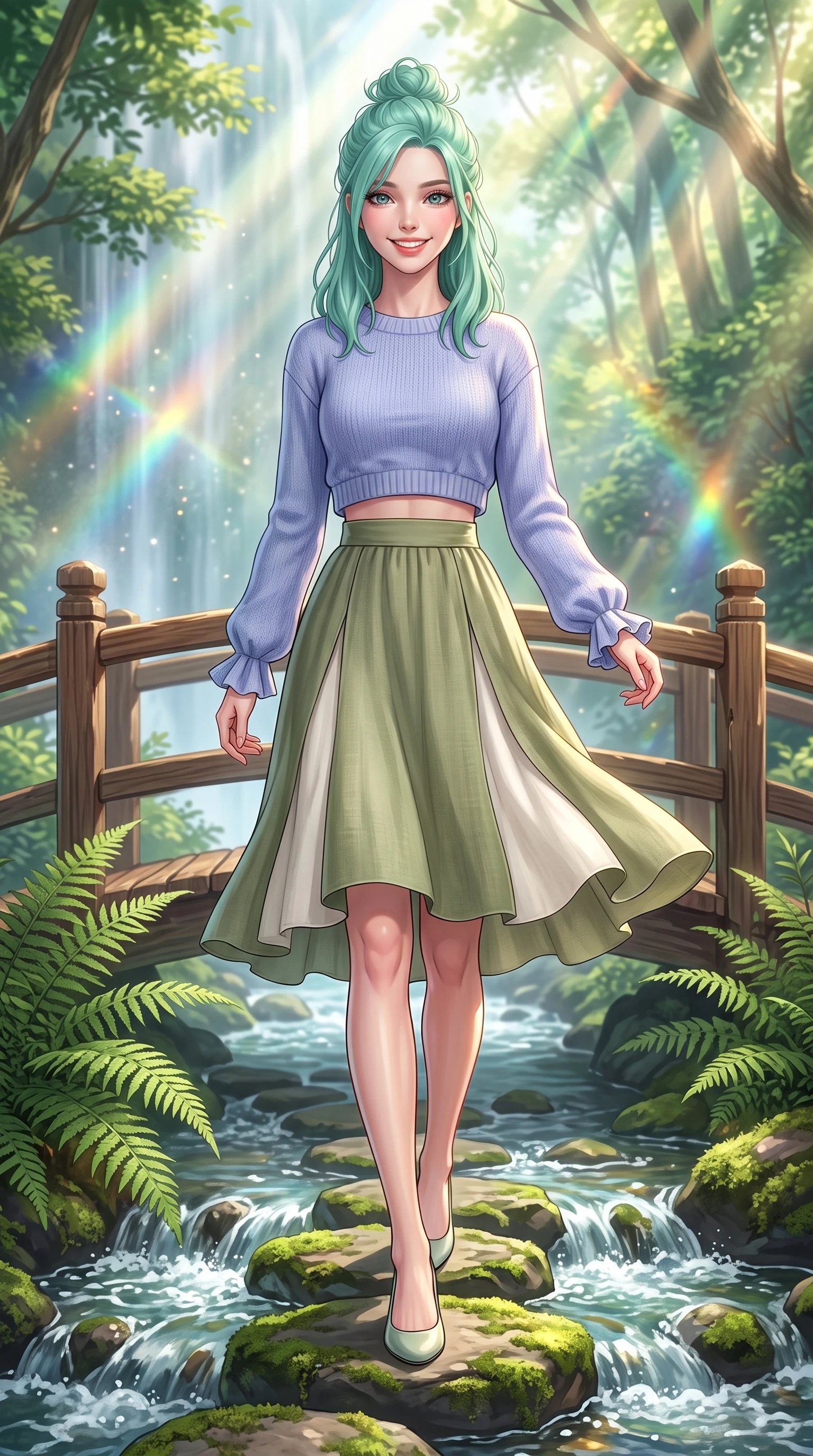 score_9, masterpiece, best quality, ultra-detailed, high-budget anime keyframe, semi-realistic 3D game render, editorial fashion photography, tasteful artistic composition, Japanese woman. low angle full-body shot from head to toe showing her feet, filling the entire 9:16 vertical frame with her statuesque presence, stretching her vertical silhouette. walking forward in a cheerful, dynamic stride with a radiant beaming smile, her statuesque silhouette filling the frame while stepping lightly across mossy stepping stones over a bubbling creek, her balance effortlessly graceful and poised. The surrounding environment is rendered in vivid detail and crisp panoramic clarity. intricate fern fronds, rustic cedar bridge railings, and sun-dappled forest canopy in high resolution. She has an absolutely perfect, statuesque 8.5-heads proportion, an exceptionally tall and slender model-like female figure with impossibly long slender legs, a toned flat midriff, and an ultra-slim waist. sharp v-shaped jawline, high-bridge nose, intricate jewel-like eyes with depth, thick eyelashes, glossy lips with a natural sheen, pure and lovely fresh girlhood expression, flawlessly proportioned anatomical accuracy, strict slender model proportions, natural body alignment, perfectly sculpted long slender limbs, ultra-slim waistline, clean dynamic posture without body distortion. wearing a stylish cropped pastel knit pullover paired with a high-waisted flowy A-line linen skirt in muted olive green and ivory cotton, crafted from soft breathable linen that flutters gently in the breeze, accented with soft smocked elastic details and ruffled cuff trims, the breezy lightweight fabric fluttering softly against her delicate collarbones, narrow waist, and feminine curves. bathed in ethereal sunbeams piercing through waterfall mist, creating radiant rainbow refractions. highly saturated vibrant anime colors, detailed shading with soft gradients, rich glossy textures, high-contrast stereoscopic depth, volumetric dynamic lighting, master piece, 9:16 ratio