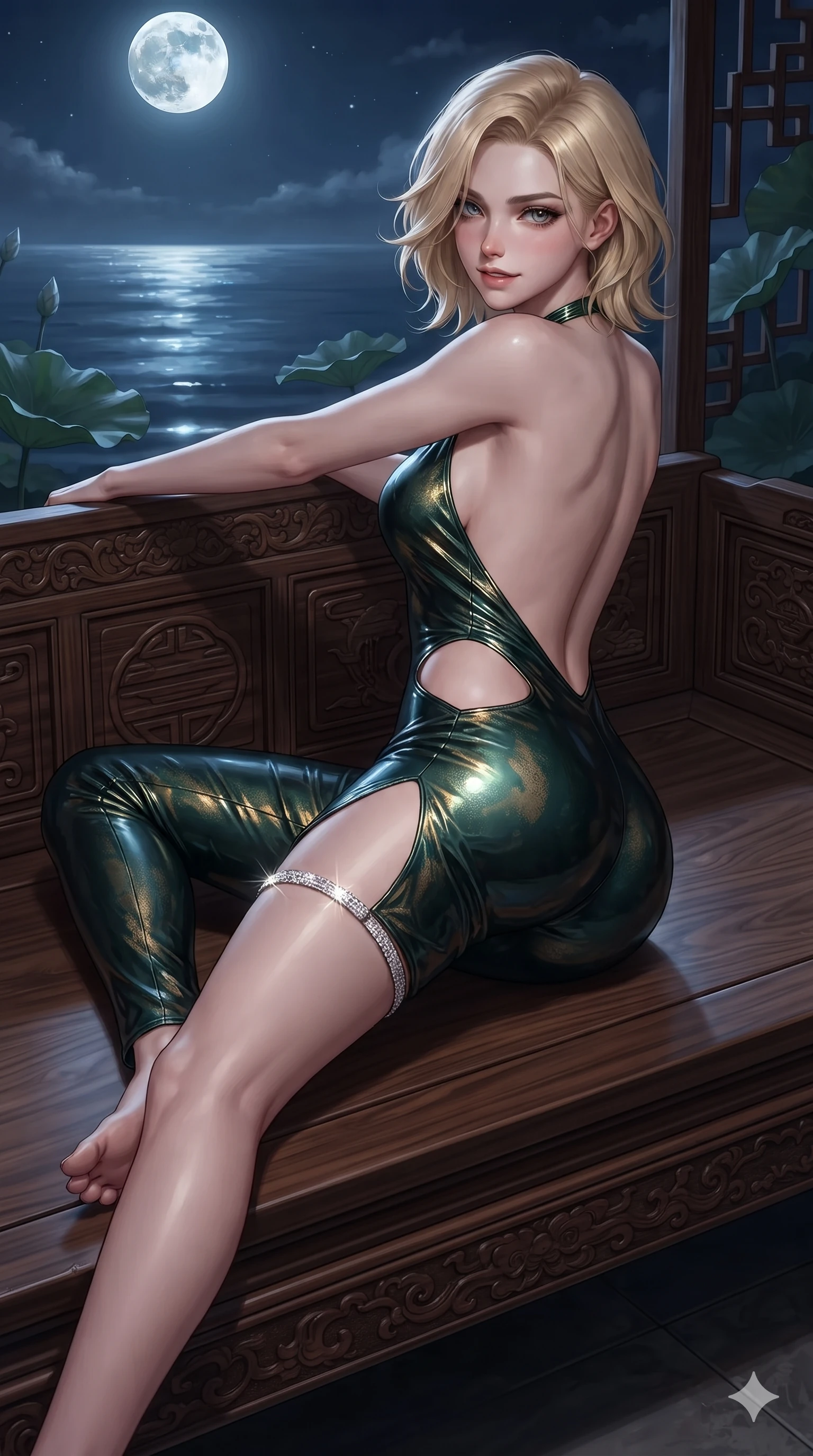 score_9, masterpiece, best quality, ultra-detailed, high-budget anime keyframe, editorial fashion photography, tasteful artistic composition, Caucasian woman. close-up cowboy shot from the waist and thighs up, the character dominates the composition, filling the frame with her large presence. twisting her slender torso in a deep contrapposto stance, hips dramatically shifted to accentuate her feminine curves while looking past her shoulder with smoldering bedroom-eyes while reclining gracefully across the carved teak daybed with one leg extended, her sculpted silhouette and flat midriff radiating nocturnal serenity. The surrounding environment is rendered in vivid detail and crisp panoramic clarity: sharp carved wood grain texture, water ripple reflections of the full moon, and crisp lotus leaf veins in deep focus. She has an exceptionally elegant, slender, and willowy female figure with an ultra-slim waist, flat toned midriff, narrow ribcage, and sculpted feminine hips creating an alluring, slim hourglass silhouette without bulk. sharp v-shaped jawline, high-bridge nose, sparkling eyes with hypnotic seductive depth, thick curled eyelashes, glossy parted lips with a natural dewy peach sheen, alluring bedroom-eyes with an enchanting coquettish smile, exuding magnetic siren charisma and sophisticated glamour, flawlessly proportioned anatomical accuracy, strict slender model proportions, natural body alignment, perfectly sculpted long slender limbs, ultra-slim waistline, clean dynamic posture without body distortion. wearing a backless liquid metallic lamé plunge halterneck jumpsuit with high-cut side hip cutouts in dark emerald forest and brushed antique gold, crafted from wet-look high-gloss vinyl fabric with dazzling specular surface reflections, accented with a delicate crystal-encrusted thigh garter strap glinting under the lights, the liquid-tight tailored fabric clinging flawlessly to her narrow waist and rounded feminine hips, emphasizing every millimeter of her sculpted slim hourglass curves without any bulky heaviness. bathed in pure silver moonlight cascading directly from the harvest full moon above. ultra-reflective glossy finish, specular highlights, rich textural contrasts, high-contrast stereoscopic depth, volumetric dynamic lighting, 2k, ultra detail, master piece, 9:16 ratio