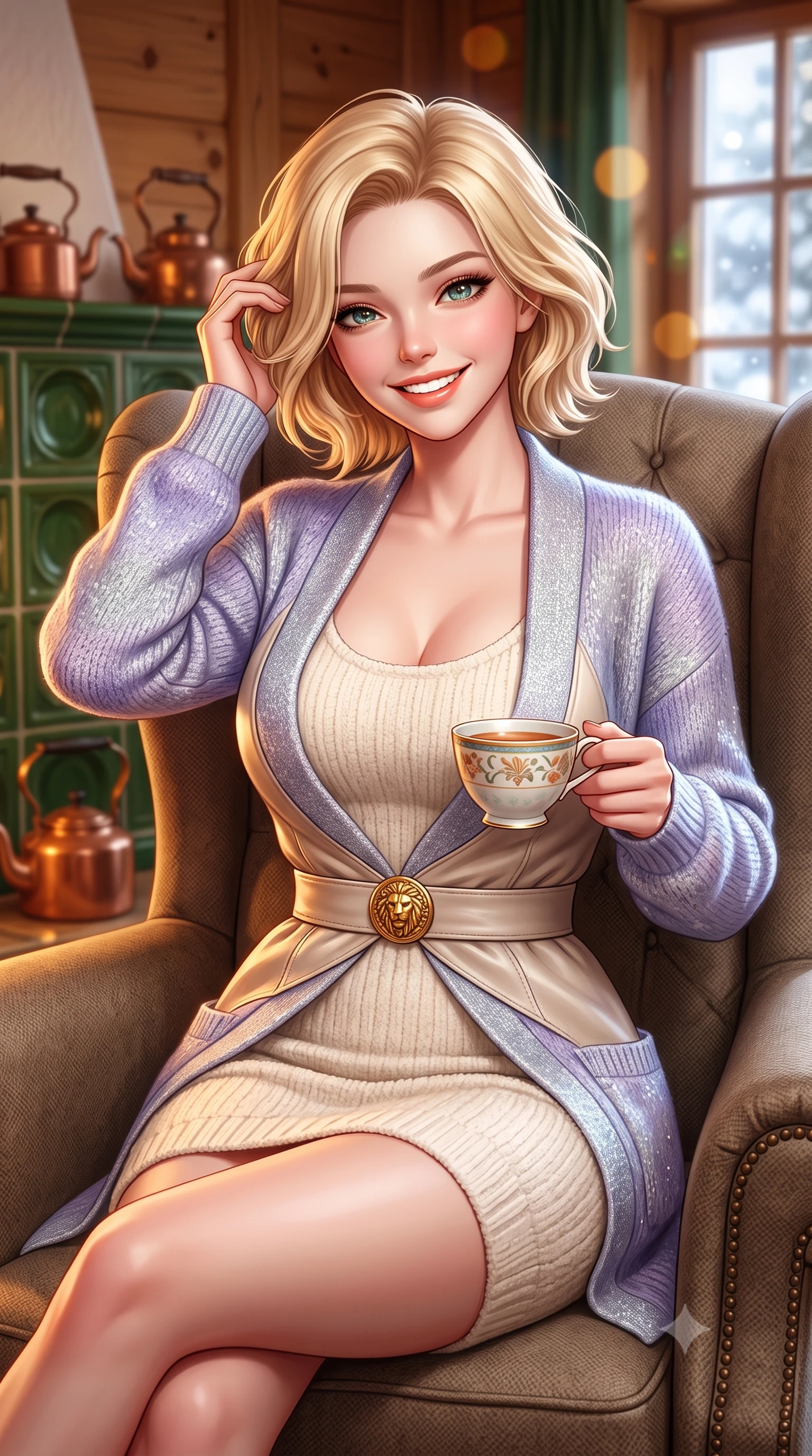 score_9, masterpiece, best quality, ultra-detailed, high-budget anime keyframe, semi-realistic 3D game render, editorial fashion photography, tasteful artistic composition, Caucasian woman. close-up cowboy shot from the waist and thighs up, the character dominates the composition, filling the frame with her large presence. twisting her slender torso in an alluring contrapposto stance, one hand toying with her hair while her gaze radiates magnetic charm while curled up comfortably in an oversized wool wingback chair beside a traditional ceramic tile stove, smiling warmly with teacup in hand. The background shows a soft-focus hand-carved Swiss stone pine wood walls, painted green ceramic stove tiles, and copper kettles blurred into warm honey, forest green, and amber bokeh. She has an exceptionally elegant, slender, and willowy female figure with an ultra-slim waist, flat toned midriff, narrow ribcage, and sculpted feminine hips creating an alluring, slim hourglass silhouette without bulk. sharp v-shaped jawline, high-bridge nose, intricate jewel-like sparkling eyes with depth, thick eyelashes, glossy parted lips with a natural peach sheen, bright cheerful beaming smile with an enchanting and coquettish sensual glint, exuding both youthful cute charm and seductive allure, flawlessly proportioned anatomical accuracy, strict slender model proportions, natural body alignment, perfectly sculpted long slender limbs, ultra-slim waistline, clean dynamic posture without body distortion. wearing a form-fitting plush chenille knit bodycon dress hugging her torso and hips, layered with a belted open wool cardigan in frosted mountain lavender and shimmering ice silver, crafted from buttery-soft stretch lambskin leather adhering to her body like a second skin, accented with an ornate 24k gold lion-embossed crest button along the snug front closure, the snug waist-cinching tailoring accentuating her ultra-slim waistline and the enchanting curve of her feminine hips with alluring seductive charm. bathed in cozy 2700K warm ambient candlelight and soft porcelain stove radiance combined with cool winter window light. highly saturated vibrant anime colors, detailed shading with soft gradients, rich glossy textures, high-contrast stereoscopic depth, volumetric dynamic lighting, master piece, 9:16 ratio