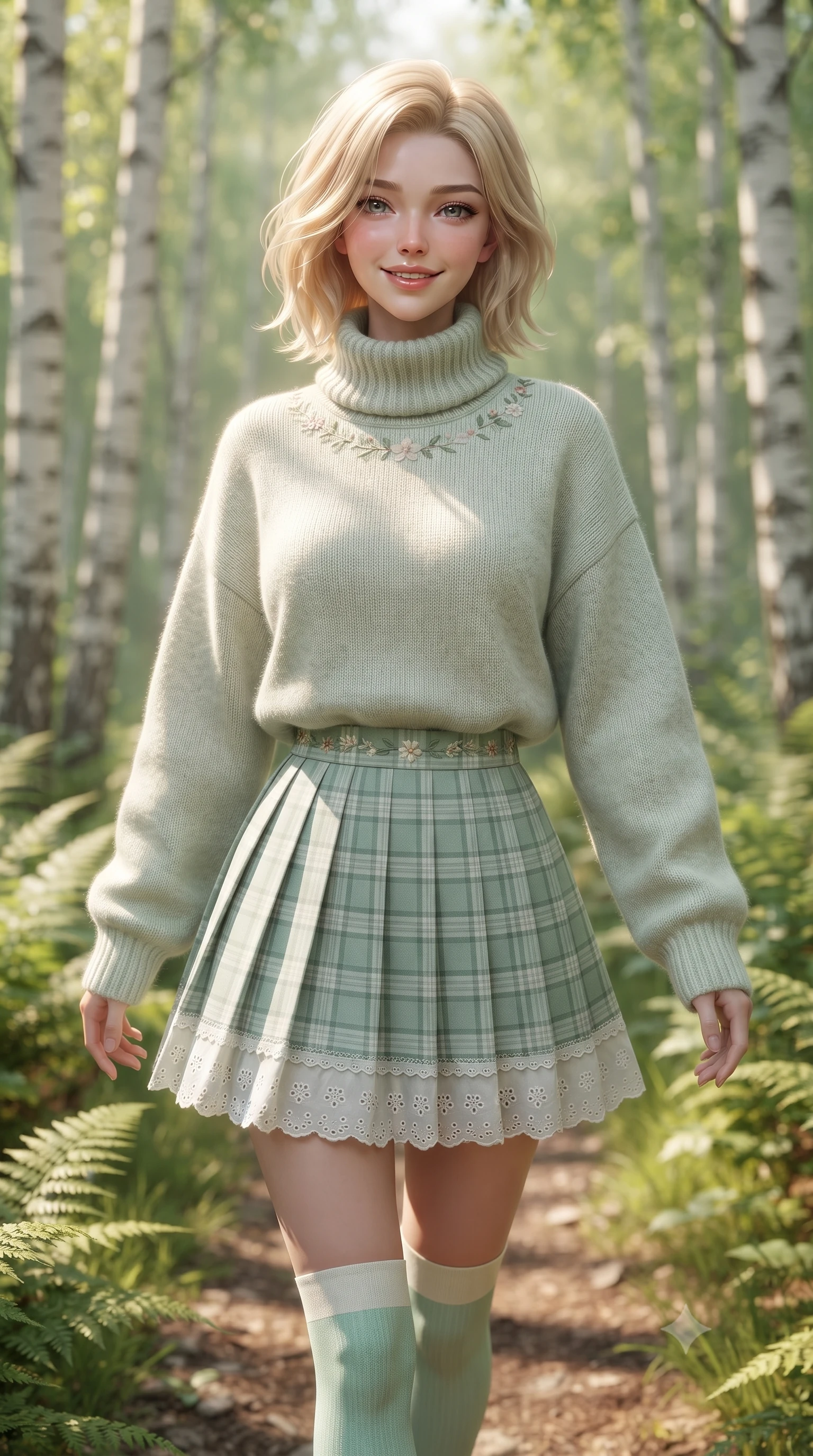 score_9, masterpiece, best quality, ultra-detailed, high-budget anime keyframe, editorial fashion photography, tasteful artistic composition, Caucasian woman. close-up cowboy shot from the waist and thighs up, the character dominates the composition, filling the frame with her large presence. smiling warmly with slightly parted glossy lips and a lovely expression, her upper body turning dynamically toward the camera while strolling happily along a sun-dappled forest path surrounded by slender white birch trunks and lush emerald ferns. The composition keeps background elements in soft focus with creamy bokeh. slender white birch tree trunks and sunlit green forest canopies blurred into dreamy emerald and golden bokeh. She has an exceptionally elegant, slender, and willowy female figure with an ultra-slim waist, a gracefully sculpted slender torso, toned flat midriff, and a refined slim silhouette. sharp v-shaped jawline, high-bridge nose, intricate jewel-like eyes with depth, thick eyelashes, glossy lips with a natural sheen, pure and lovely fresh girlhood expression, flawlessly proportioned anatomical accuracy, strict slender model proportions, natural body alignment, perfectly sculpted long slender limbs, ultra-slim waistline, clean dynamic posture without body distortion. wearing a cozy oversized turtleneck knit jumper paired with a pleated plaid wool skirt and knee-high socks in refreshing mint green and crisp sea-salt white, woven with delicate eyelet lace and breathable cotton voile, complemented by subtle floral embroidery along the neckline and hem, the breezy lightweight fabric fluttering softly against her delicate collarbones, narrow waist, and feminine curves. illuminated by soft natural dappled forest light creating playful sun patterns across her face and dress. ultra-reflective glossy finish, specular highlights, rich natural textures, high-contrast stereoscopic depth, volumetric dynamic lighting, 2k, ultra detail, master piece, 9:16 ratio