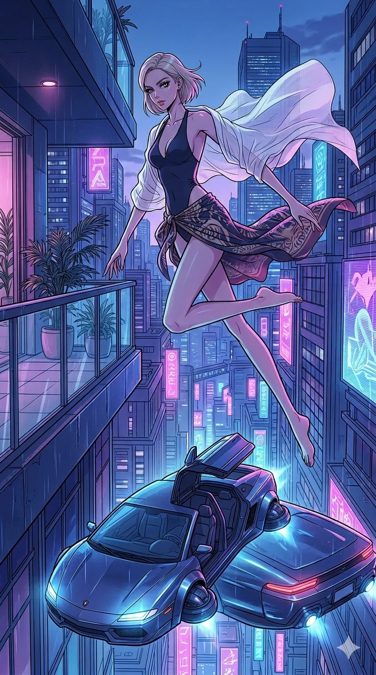 score_9, masterpiece, best quality, ultra-detailed, high-budget anime movie keyframe, cinematic anime lighting, intricate line art, Caucasian (strictly human ears) anime girl. Dynamic full-body shot stretching the vertical silhouette with extreme perspective. leaping from a high-rise balcony into a waiting hover-limo. She has an absolutely perfect 8-heads proportion, an exceptionally tall and slender female figure with an ultra-slim waist and impossibly long slender legs. strictly human anatomy, two legs only, no extra limbs, clearly defined legs and arms, perfect anatomy, perfect hands and fingers. sharp v-shaped jawline, high-bridge nose, intricate jewel-like eyes, thick eyelashes, glossy lips. Wearing Seasonal/Resort: High-cut one-piece with sarong, linen sundress with tie-back, and sheer fabric wrap. The scene is illuminated by dramatic atmospheric lighting and vibrant color palettes. , 2k, ultra detail, master piece, 9:16 ratio