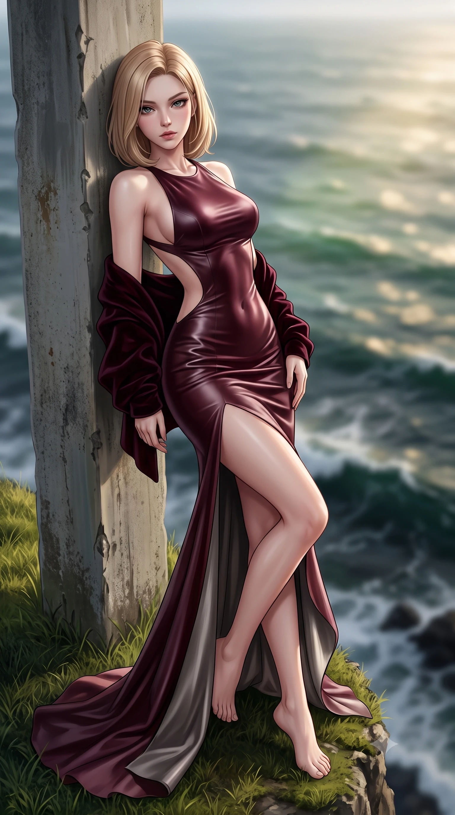 score_9, masterpiece, best quality, ultra-detailed, high-budget anime keyframe, semi-realistic 3D game render, editorial fashion photography, tasteful artistic composition, Korean woman. low angle full-body shot from head to toe showing her feet, filling the entire 9:16 vertical frame with her statuesque presence, stretching her vertical silhouette. leaning deep against the structural architecture with hips cocked in an unapologetically bold, seductive high-fashion stance while perching on the grassy cliff edge with legs crossed, her long slender legs and narrow waist highlighted against the sheer 500-meter drop into crashing surf. The composition keeps background elements in soft focus with creamy bokeh. sheer vertical green sea cliffs and crashing dark ocean breakers blurred into moody emerald, slate, and golden sunbeam bokeh. She has an exceptionally tall and slender model-like 8.5-heads proportion, an ultra-slim waist, a flat toned midriff, narrow delicate ribcage, and beautifully sculpted feminine hips creating a graceful, slim hourglass silhouette without any bulky heaviness, with impossibly long slender legs. sharp v-shaped jawline, high-bridge nose, intricate jewel-like eyes with depth, thick eyelashes, glossy parted lips with a natural sheen, intensely captivating and seductive bedroom-eyes expression, flawlessly proportioned anatomical accuracy, strict slender model proportions, natural body alignment, perfectly sculpted long slender limbs, ultra-slim waistline, clean dynamic posture without body distortion. wearing an open-back duchess satin gala gown with a dramatic hip-hugging drape and cascading trailing hem in deep wine burgundy and brushed dark platinum, formed from supple second-skin lambskin leather with specular sheen, complemented by a plush velvet shawl draped loosely over her elbows, the precision-cut side openings and low-back scoop framing her graceful spine and the sensual sweep of her slim, toned hips. illuminated by crisp oceanic ambient light contouring her razor-sharp jawline, narrow waist, and curvy hips. highly saturated vibrant anime colors, detailed shading with soft gradients, rich glossy textures, high-contrast stereoscopic depth, volumetric dynamic lighting, master piece, 9:16 ratio