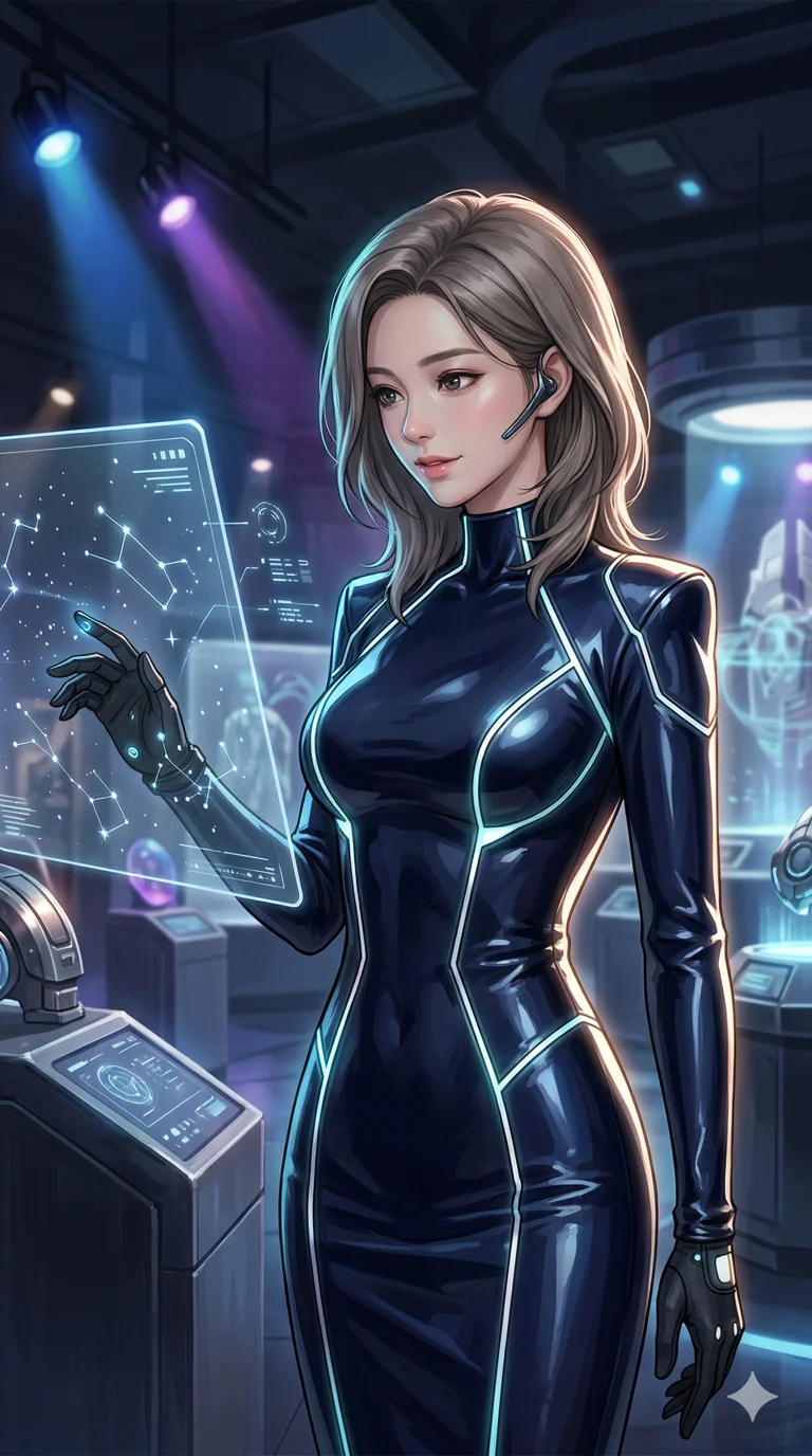 score_9, masterpiece, best quality, ultra-detailed, semi-realistic high-budget anime keyframe, an incredibly beautiful Korean woman. Medium shot of upper body focusing on her alluring features. She is a time-traveler in a museum of the future, looking at a star-map. She has an absolutely perfect 8-heads proportion, a towering and slender female figure. Her face is a masterpiece with ash brown hair and focused eyes. She is wearing a glossy latex dress with glowing lines, highlighting her alluring silhouette. Museum spotlights and futuristic artifacts, radiant glowing skin, dramatic rim lighting, 2k, ultra detail, master piece, 9:16 ratio