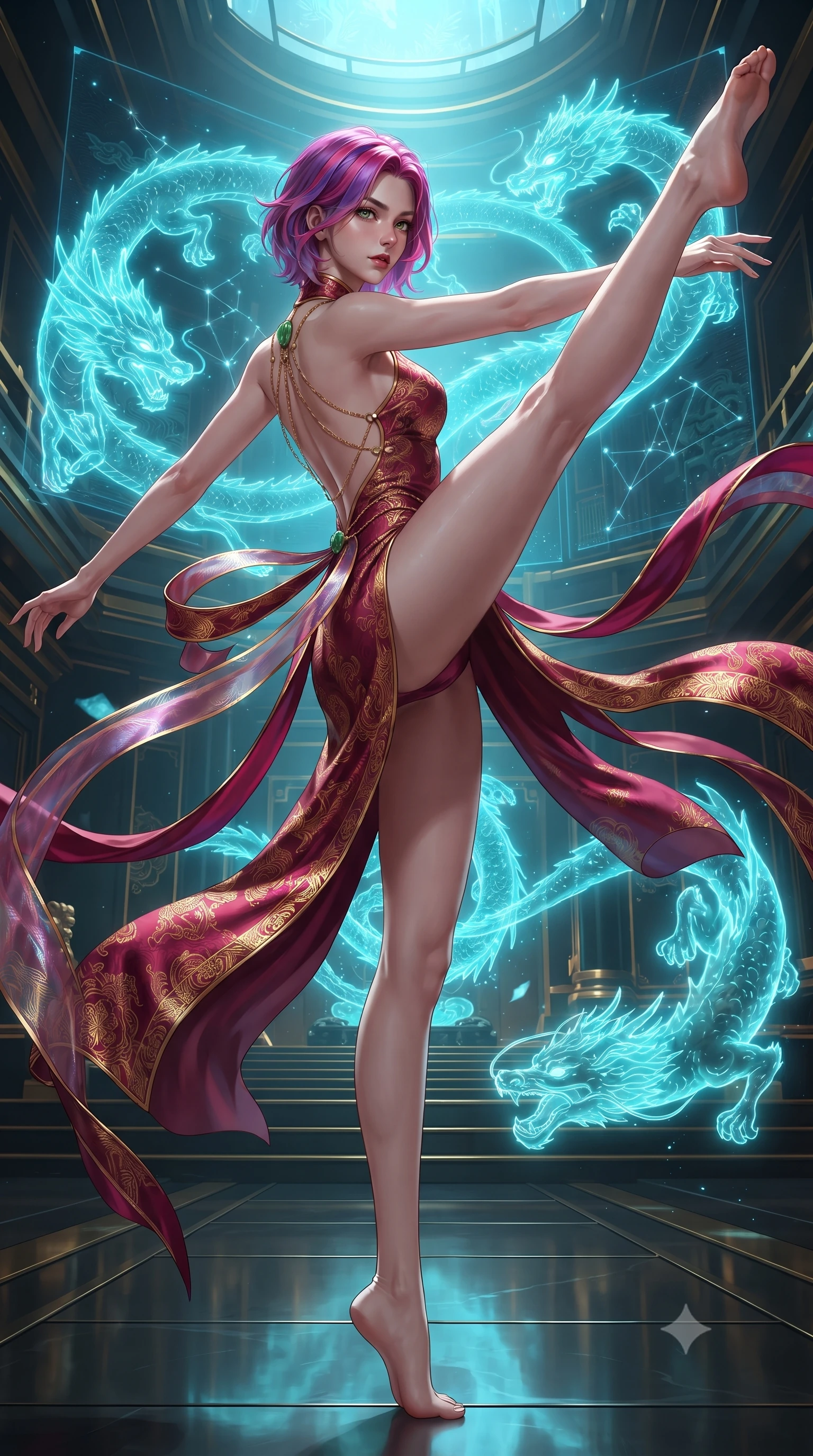 score_9, masterpiece, best quality, ultra-detailed, high-budget anime keyframe, editorial fashion photography, tasteful artistic composition, Caucasian woman. low angle full-body shot from head to toe showing her feet, filling the entire 9:16 vertical frame with her statuesque presence, stretching her vertical silhouette. pivoting dynamically with supreme athletic balance and poise, her impossibly long slender legs creating a breathtaking line while pivoting gracefully as dragon-shaped water streams leap through the air, their cyan glow reflecting on her polished silk attire. The surrounding environment is rendered in vivid detail and crisp panoramic clarity. vibrant high-contrast oriental sci-fi chiaroscuro and imperial dragon sanctuary aesthetics in precision. She has an absolutely perfect, statuesque 8.5-heads proportion, an exceptionally tall and slender model-like female figure with impossibly long slender legs, a toned flat midriff, and an ultra-slim waist. sharp v-shaped jawline, high-bridge nose, intricate jewel-like eyes with depth, thick eyelashes, glossy lips with a natural sheen, captivating and magnetic expression, flawlessly proportioned anatomical accuracy, strict slender model proportions, natural body alignment, perfectly sculpted long slender limbs, ultra-slim waistline, clean dynamic posture without body distortion. wearing a zero-gravity celestial dancer gown with cascading iridescent ribbons and bare back harness in imperial gold and deep crimson silk, woven from lightweight fluid silk brocade with woven gold thread, finished with genuine jade button closures and floating celestial silk ribbons, the form-contouring material adhering flawlessly to her sculpted flat midriff and slender torso, emphasizing her long leg lines and perfectly proportioned willowy build. surrounded by a royal, mythical, and deeply revered dragon palace guardian princess aura. ultra-reflective glossy finish, specular highlights, rich textural contrasts, high-contrast stereoscopic depth, volumetric dynamic lighting, 2k, ultra detail, master piece, 9:16 ratio
