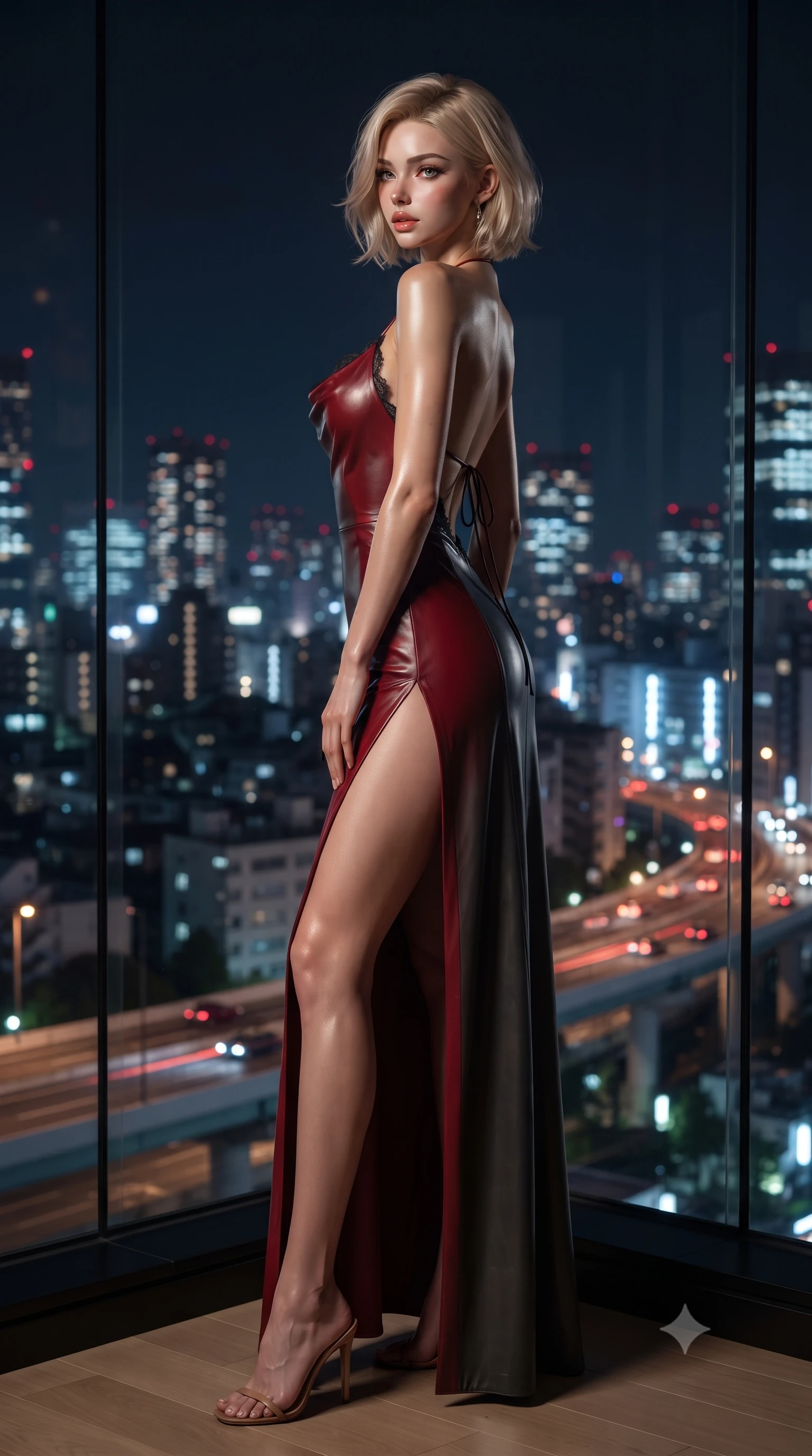 score_9, masterpiece, best quality, ultra-detailed, high-budget anime keyframe, editorial fashion photography, tasteful artistic composition, Caucasian woman. low angle full-body shot from head to toe showing her feet, filling the entire 9:16 vertical frame with her statuesque presence, stretching her vertical silhouette. reclining gracefully across the plush chaise lounge with one leg extended, her sculpted silhouette and flat midriff radiating magnetic nocturnal glamour while standing poised beside the floor-to-ceiling panoramic glass bay with hips cocked back, looking over a bare shoulder toward the Shinjuku neon sea. The background shows a soft-focus glittering sea of Tokyo night skyscrapers, moving red vehicle light trails on expressway overpasses, and dark night sky blurred into ruby, obsidian, and platinum bokeh. She has an absolutely perfect, statuesque 8.5-heads proportion, an exceptionally tall and slender model-like female figure with impossibly long slender legs, an ultra-slim waist, a flat toned midriff, narrow delicate ribcage, and beautifully sculpted feminine hips creating a graceful, slim hourglass silhouette without any bulky heaviness. sharp v-shaped jawline, high-bridge nose, sparkling eyes with hypnotic seductive depth, thick curled eyelashes, glossy parted lips with a natural dewy peach sheen, alluring bedroom-eyes with an enchanting coquettish smile, exuding magnetic siren charisma and sophisticated glamour, flawlessly proportioned anatomical accuracy, strict slender model proportions, natural body alignment, perfectly sculpted long slender limbs, ultra-slim waistline, clean dynamic posture without body distortion. wearing a plunging cowl-neck liquid cashmere-silk slip gown with daring hip-high double slits and delicate back ties in rich cherry lacquer and smoky charcoal, woven from buttery-soft stretch lambskin leather adhering to her body like a second skin, finished with scalloped eyelash lace trim framing her sweetheart neckline with intimate elegance, the precision-cut side openings and low-back scoop framing her graceful spine and the sensual sweep of her slim, toned hips. bathed in dramatic low-level warm 3000K floor wash lights mixed with distant blue-and-white city skyline ambient fill. ultra-reflective glossy finish, specular highlights, rich textural contrasts, high-contrast stereoscopic depth, volumetric dynamic lighting, 2k, ultra detail, master piece, 9:16 ratio