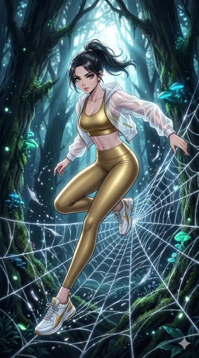 score_9, masterpiece, best quality, ultra-detailed, High-budget Anime Keyframe, beautiful Korean anime girl. Low angle cowboy shot filling the entire 9:16 frame with her overwhelming presence. Leaping through a giant spiderweb made of silver silk in 