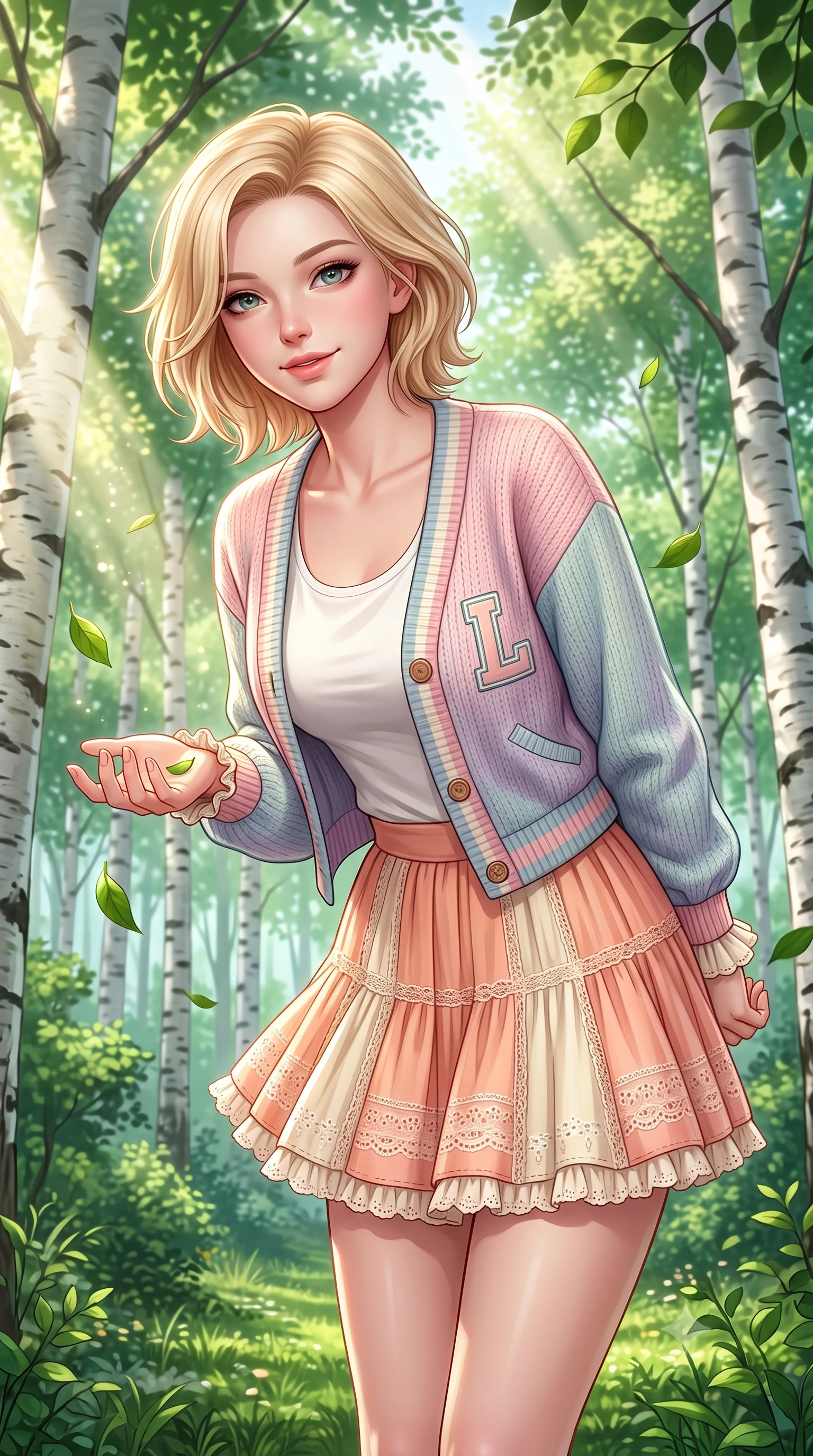 score_9, masterpiece, best quality, ultra-detailed, high-budget anime keyframe, semi-realistic 3D game render, editorial fashion photography, tasteful artistic composition, Caucasian woman. close-up cowboy shot from the waist and thighs up, the character dominates the composition, filling the frame with her large presence. clasping her hands behind her back and leaning forward playfully with a sweet, innocent girlhood expression while catching dancing sunbeams and falling green leaves with cupped hands in a joyful, dynamic pose. The surrounding environment is rendered in vivid detail and crisp panoramic clarity. intricate woodland chiaroscuro and pristine natural forest ecosystems captured with precision. She has an exceptionally elegant, slender, and willowy female figure with an ultra-slim waist, a gracefully sculpted slender torso, toned flat midriff, and a refined slim silhouette. sharp v-shaped jawline, high-bridge nose, intricate jewel-like eyes with depth, thick eyelashes, glossy lips with a natural sheen, pure and lovely fresh girlhood expression, flawlessly proportioned anatomical accuracy, strict slender model proportions, natural body alignment, perfectly sculpted long slender limbs, ultra-slim waistline, clean dynamic posture without body distortion. wearing a chic pastel varsity cardigan over a simple white scoop-neck tee and a pleated mini skirt in warm peach blossom pink and champagne ivory, woven with delicate eyelet lace and breathable cotton voile, accented with soft smocked elastic details and ruffled cuff trims, the relaxed yet flattering fit accentuating her naturally graceful and slender figure, highlighting her youthful charm and lovely silhouette. bathed in heavenly volumetric sunbeams piercing through the dense birch canopy. highly saturated vibrant anime colors, detailed shading with soft gradients, rich glossy textures, high-contrast stereoscopic depth, volumetric dynamic lighting, master piece, 9:16 ratio