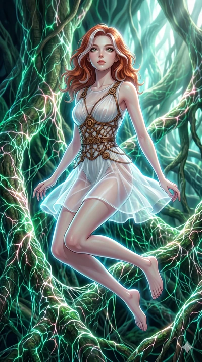 score_9, masterpiece, best quality, ultra-detailed, high-budget anime keyframe, Japanese woman. upper body close-up from the thighs up, character filling the screen for maximum presence. jumping amidst giant ancient tree roots wrapped in trillions of