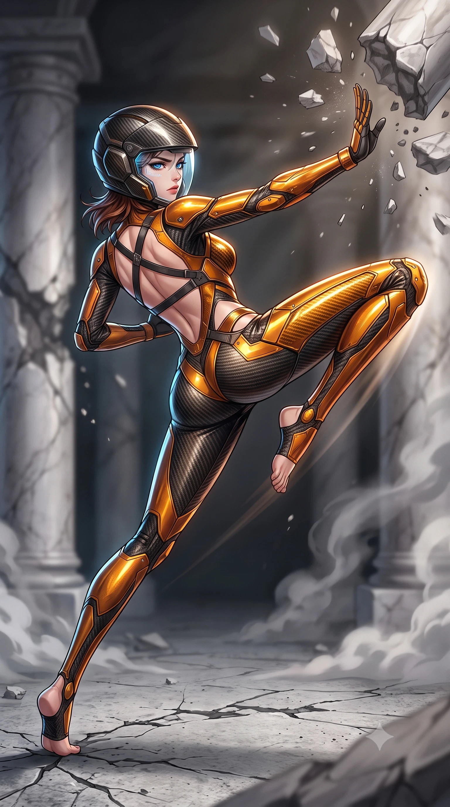 score_9, masterpiece, best quality, ultra-detailed, high-budget anime keyframe, semi-realistic 3D game render, editorial fashion photography, tasteful artistic composition, Korean woman. low angle full-body shot from head to toe showing her feet, filling the entire 9:16 vertical frame with her statuesque presence, stretching her vertical silhouette. pivoting dynamically in a high-speed low sweep kick along the cracked concrete, her athletic torso and ultra-slim waist twisting in a fluid arc of power while delivering a supersonic kinetic palm strike that shatters falling masonry in a radial blast of air and dust. The composition keeps background elements in soft focus with creamy bokeh. shattered marble pillars and rising smoke plumes softened in dramatic shallow focus. She has an absolutely perfect, statuesque 8.5-heads proportion, an exceptionally tall and slender model-like female figure with impossibly long slender legs, a toned flat midriff, and an ultra-slim waist. sharp v-shaped jawline, high-bridge nose, intricate jewel-like eyes with depth, thick eyelashes, glossy lips with a natural sheen, fierce and resolute heroine expression, flawlessly proportioned anatomical accuracy, strict slender model proportions, natural body alignment, perfectly sculpted long slender limbs, ultra-slim waistline, clean dynamic posture without body distortion. wearing an open-face aerodynamic carbon-fiber combat helmet with a retracted transparent holographic HUD visor framing her sharp jawline and jewel-like eyes, paired with a tailored tactical combat jumpsuit with an open-back harness design, reinforced composite breastplate, and high-mobility elbow dampers in molten amber-gold carbon cuirass with dark gunmetal weave, formed from high-gloss patent carbon-plating with specular dystopian chiaroscuro reflections, complemented by criss-cross back harness straps highlighting her completely bare spine, the precision-cut daring openings accentuating her delicate midriff, graceful bare collarbones, and ultra-slim feminine waistline. surrounded by an awe-inspiring, tragic, and radiantly unbreakable warrior goddess aura. rich saturated anime colors with glowing neon highlights, detailed shading with soft gradients, rich glossy textures, high-contrast stereoscopic depth, volumetric dynamic lighting, master piece, 9:16 ratio
