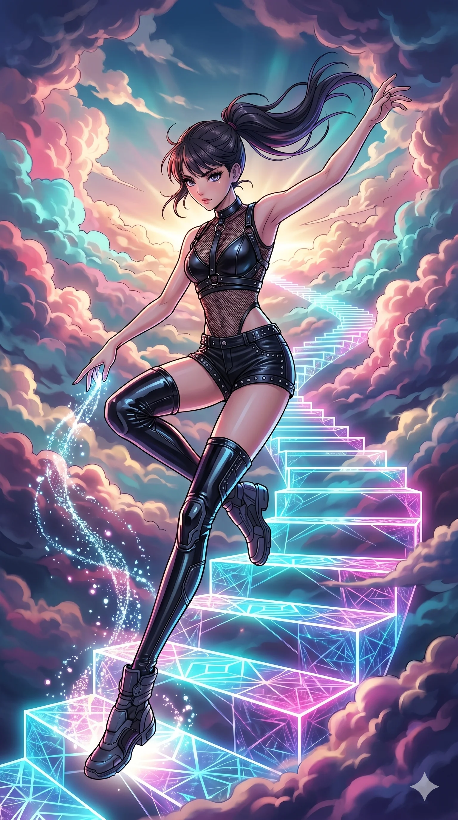score_9, masterpiece, best quality, ultra-detailed, high-budget anime movie keyframe, cinematic anime lighting, intricate line art, Japanese woman. Mid-air action shot capturing a graceful twist and vertical silhouette. weaving a staircase of light into the clouds. She has an absolutely perfect 8-heads proportion, an exceptionally tall and slender female figure with an ultra-slim waist and impossibly long slender legs. strictly human anatomy, two legs only, no extra limbs, clearly defined legs and arms, perfect anatomy, perfect hands and fingers. sharp v-shaped jawline, high-bridge nose, intricate jewel-like eyes, thick eyelashes, glossy lips. Wearing K-Idol Stage: Leather harness over mesh, high-cut bodysuit, studded micro-shorts, and thigh-high patent boots. The scene is illuminated by dramatic atmospheric lighting and vibrant color palettes. , 2k, ultra detail, master piece, 9:16 ratio