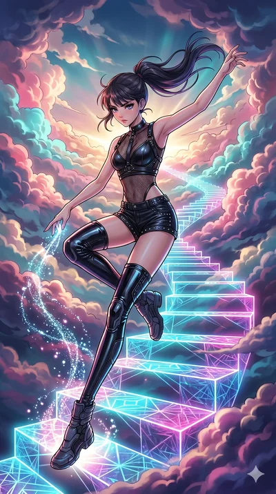 score_9, masterpiece, best quality, ultra-detailed, high-budget anime movie keyframe, cinematic anime lighting, intricate line art, Japanese woman. Mid-air action shot capturing a graceful twist and vertical silhouette. weaving a staircase of light i