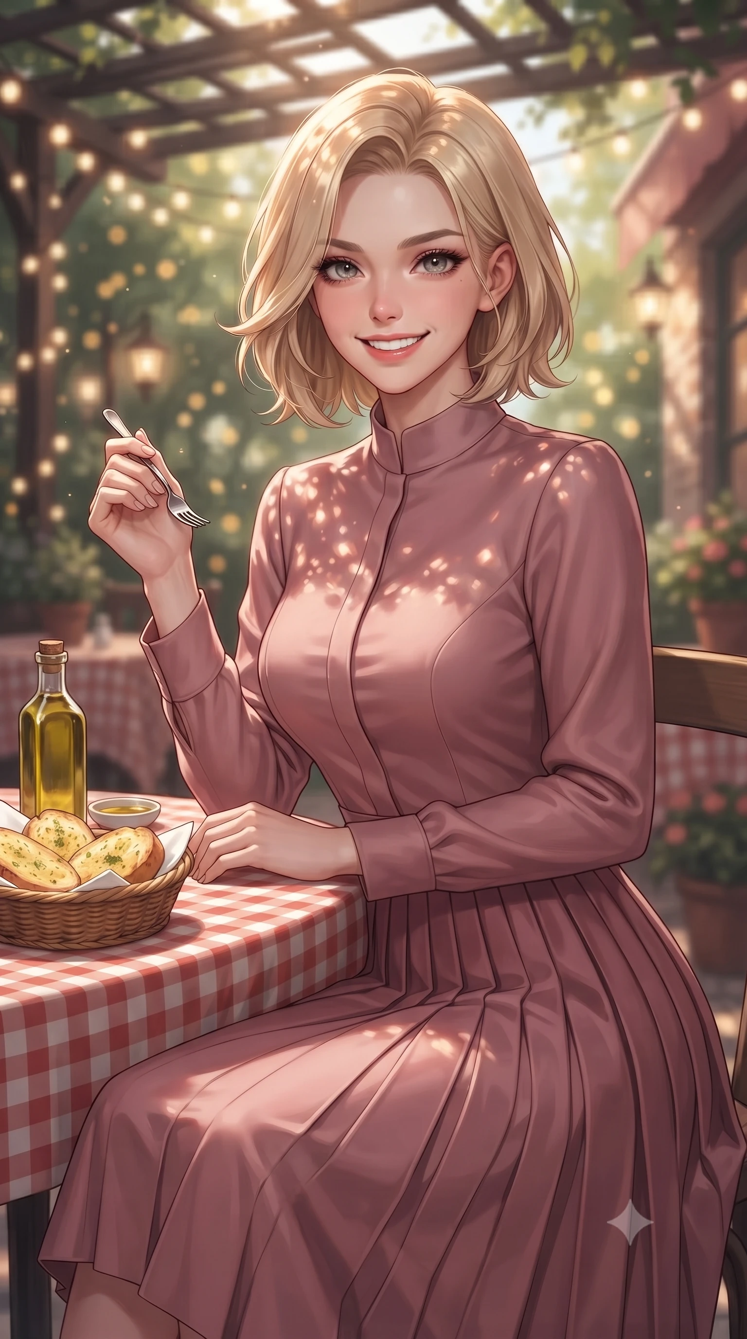 score_9, masterpiece, best quality, ultra-detailed, high-budget anime keyframe, editorial fashion photography, tasteful artistic composition, Caucasian woman. close-up cowboy shot from the waist and thighs up, the character dominates the composition, filling the frame with her large presence, background elements kept in soft focus. smiling with cute and bright self-assurance, looking directly at the viewer set against a soft-focus background of at an outdoor garden table of a cozy Italian bistro decorated with fairy lights with a basket of warm garlic bread and olive oil on the checkered tablecloth. She has an exceptionally elegant, slender, and willowy female figure with an ultra-slim waist, a gracefully sculpted slender torso, and a refined silhouette. sharp v-shaped jawline, high-bridge nose, intricate jewel-like eyes with depth, thick eyelashes, glossy lips with a natural sheen. wearing tailored lovely long-sleeve midi dress in dusty rose, featuring a high collar and pleated skirt. dappled sunlight filtering through the outdoor trellis onto her shoulders. ultra-reflective glossy finish, specular highlights, metallic sheen, high-contrast stereoscopic depth, volumetric dynamic lighting, 2k, ultra detail, master piece, 9:16 ratio