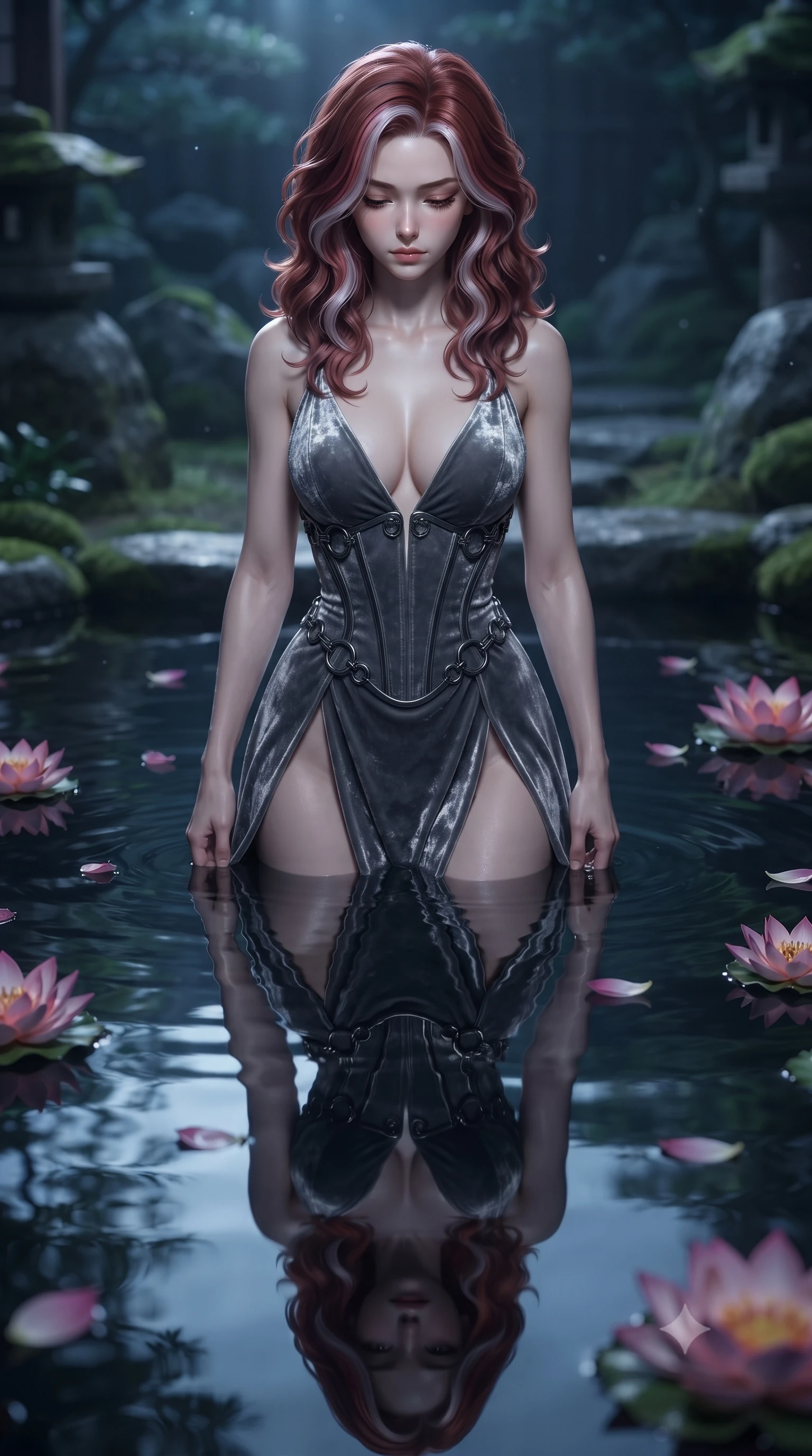score_9, masterpiece, best quality, ultra-detailed, high-budget anime keyframe, editorial fashion photography, tasteful artistic composition, Caucasian woman. close-up cowboy shot from the waist and thighs up, the character dominates the composition, filling the frame with her large presence, background elements kept in soft focus. Looking down with lowered lashes and a composed, powerful dark aura, immersed to the waist in a mirror-still pool as lotus petals drift around her, water surface creating a clear mirror reflection of her statuesque posture. She has an exceptionally elegant, slender, and willowy female figure with an ultra-slim waist, a gracefully sculpted slender torso, and a refined silhouette. sharp v-shaped jawline, high-bridge nose, intricate jewel-like eyes with depth, thick eyelashes, glossy lips with a natural sheen. wearing low-cut gothic structured bodice gown with high leg slit in metallic dark silver, made of crushed dark silk velvet, trimmed with dark chrome ring hardware along the waist contours, highlighting her statuesque proportions and ultra-slim waistline. lit by clear moonbeam key rays casting soft graceful shadows. highly saturated vibrant anime colors, detailed shading with soft gradients, rich glossy textures, high-contrast stereoscopic depth, volumetric dynamic lighting, master piece, 9:16 ratio