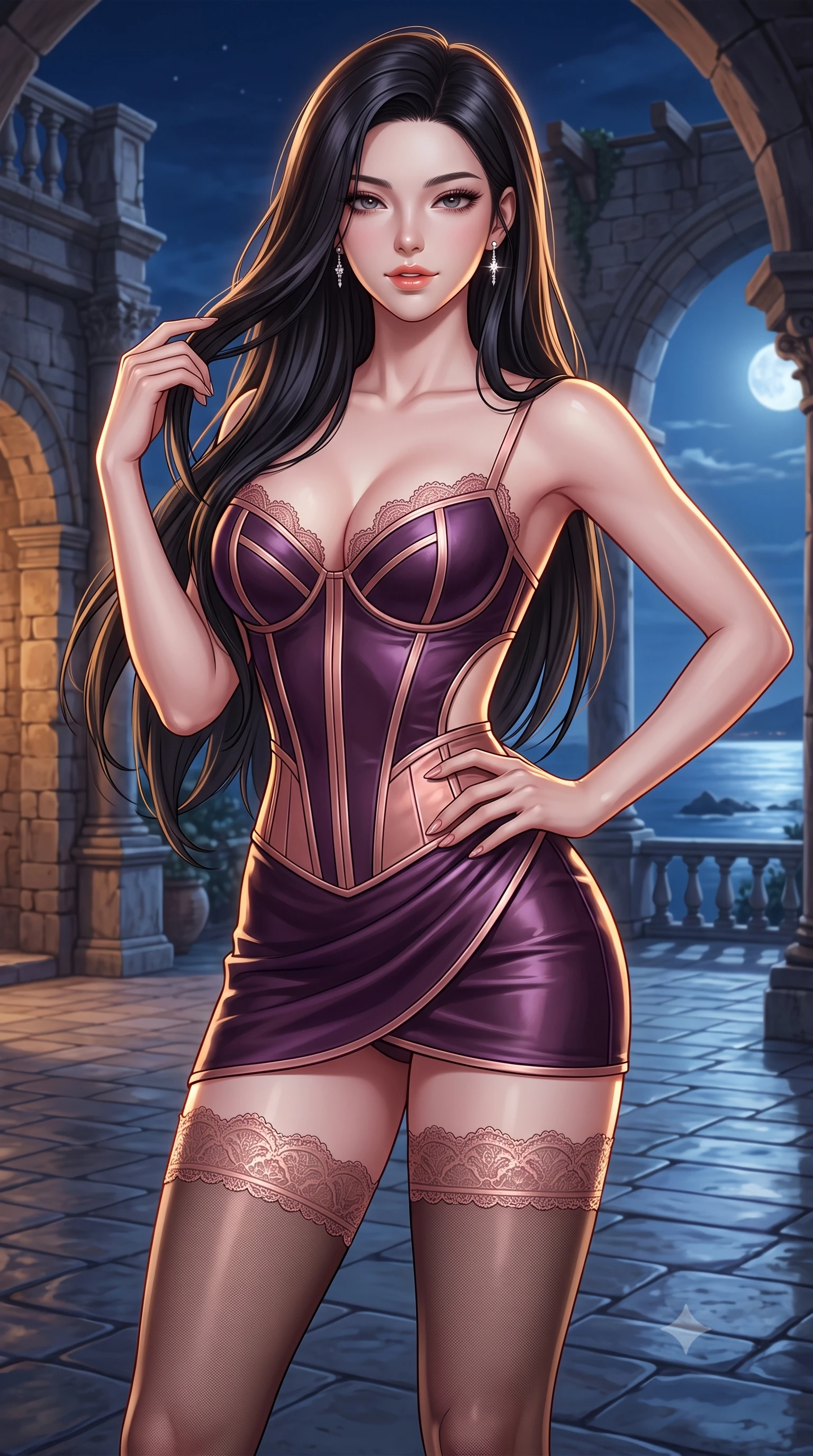 score_9, masterpiece, best quality, ultra-detailed, high-budget anime keyframe, semi-realistic 3D game render, editorial fashion photography, tasteful artistic composition, Korean woman. close-up cowboy shot from the waist and thighs up, the character dominates the composition, filling the frame with her large presence. twisting her slender torso in an alluring contrapposto stance, one hand resting on her sculpted hip while her fingers toy with her hair with effortless poise while twisting her slender torso in an alluring S-curve, midnight coastal breezes fluttering her dress around her flat midriff and feminine hips. The surrounding environment is rendered in vivid detail and crisp panoramic clarity: detailed backless halterneck column gown drape, diamond earrings sparkle, and UNESCO heritage architecture in high resolution. She has an exceptionally elegant, slender, and willowy female figure with an ultra-slim waist, flat toned midriff, narrow ribcage, and sculpted feminine hips creating an alluring, slim hourglass silhouette without bulk. sharp v-shaped jawline, high-bridge nose, sparkling eyes with hypnotic seductive depth, thick curled eyelashes, glossy parted lips with a natural dewy peach sheen, alluring bedroom-eyes with an enchanting coquettish smile, exuding magnetic siren charisma and sophisticated glamour, flawlessly proportioned anatomical accuracy, strict slender model proportions, natural body alignment, perfectly sculpted long slender limbs, ultra-slim waistline, clean dynamic posture without body distortion. wearing a structured boned leatherette corset bodice paired with an ultra-short micro-wrap mini skirt and sheer thigh-high stockings in deep plum violet and rose gold, made of semi-opaque stretch illusion mesh with soft shadowy contours, finished with scalloped eyelash lace trim framing her sweetheart neckline with intimate elegance, the precision-cut side openings and low-back scoop framing her graceful spine and the sensual sweep of her slim, toned hips. illuminated by stone terrace reflection bounce and sharp warm-gold rim lights sculpting her razor-sharp jawline, narrow waist, and curvy hips. highly saturated vibrant anime colors, detailed shading with soft gradients, rich glossy textures, high-contrast stereoscopic depth, volumetric dynamic lighting, master piece, 9:16 ratio