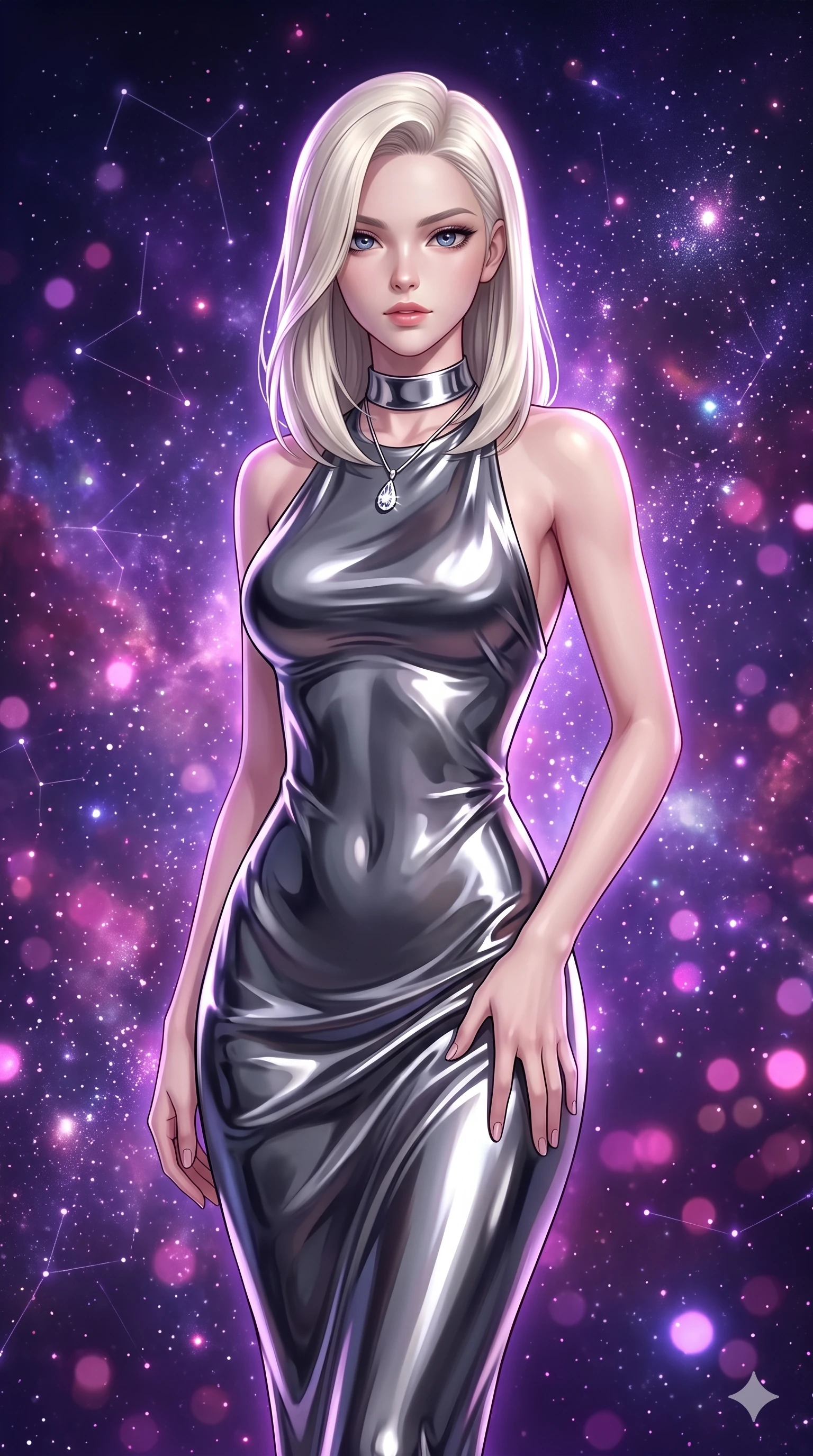 score_9, masterpiece, best quality, ultra-detailed, high-budget anime keyframe, semi-realistic 3D game render, editorial fashion photography, tasteful artistic composition, Caucasian woman. close-up cowboy shot from the waist and thighs up, the character dominates the composition, filling the frame with her large presence. leaning forward while arching her lower back to accentuate her curvy hips, looking into the camera with an intoxicating smoldering gaze and bedroom-eyes while twisting her slender torso in an alluring contrapposto stance, cosmic galaxy dust and constellation rays wrapping around her narrow waist and curvy hips. The background shows a soft-focus swirling rose and violet arms of the spiral galaxy, glowing constellation lines, and floating stardust arcs in vacuum blurred into magenta, amethyst, and diamond bokeh. She has an exceptionally elegant, slender, and willowy female figure with an ultra-slim waist, flat toned midriff, narrow ribcage, and sculpted feminine hips creating an alluring, slim hourglass silhouette without bulk. sharp v-shaped jawline, high-bridge nose, intricate jewel-like sparkling eyes with depth, thick eyelashes, glossy parted lips with a natural peach sheen, bright cheerful beaming smile with an enchanting and coquettish sensual glint, exuding both youthful cute charm and seductive allure, flawlessly proportioned anatomical accuracy, strict slender model proportions, natural body alignment, perfectly sculpted long slender limbs, ultra-slim waistline, clean dynamic posture without body distortion. wearing a form-fitting liquid mercury jersey evening dress clinging smoothly to her narrow waist and rounded hips in charcoal grey and polished chrome, tailored from high-gloss patent leather with mirror-like specular highlights, finished with a minimalist chrome choker and a single teardrop diamond pendant, the form-contouring silhouette accentuating her sculpted flat midriff, narrow delicate ribcage, and gracefully curvy hips with intoxicating allure. bathed in the glowing multi-hued radiance of the spiral nebula mixed with crisp white celestial starlight. highly saturated vibrant anime colors, detailed shading with soft gradients, rich glossy textures, high-contrast stereoscopic depth, volumetric dynamic lighting, master piece, 9:16 ratio
