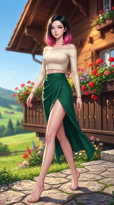 score_9, masterpiece, best quality, ultra-detailed, high-budget anime keyframe, editorial fashion photography, tasteful artistic composition, Korean woman woman. low angle full-body shot from head to toe showing her feet, filling the entire 9:16 vert