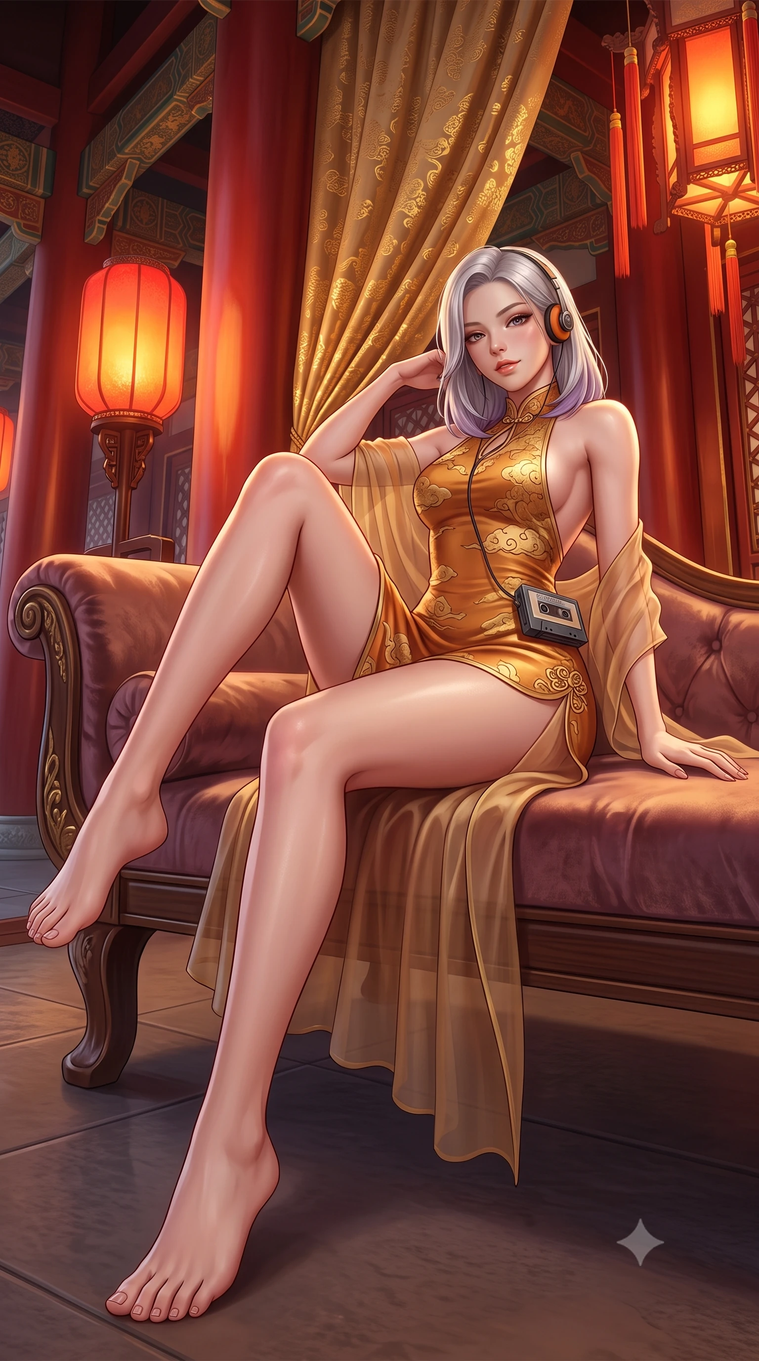 score_9, masterpiece, best quality, ultra-detailed, high-budget anime keyframe, semi-realistic 3D game render, editorial fashion photography, tasteful artistic composition, Caucasian woman. low angle full-body shot from head to toe showing her feet, filling the entire 9:16 vertical frame with her statuesque presence, stretching her vertical silhouette. reclining gracefully across the plush chaise lounge with one leg extended, her sculpted silhouette and flat midriff radiating magnetic nocturnal glamour while standing between massive vermilion pillars along the grand palace veranda, arching her lower back with sovereign queenly grace. The surrounding environment is rendered in vivid detail and crisp panoramic clarity: detailed gold-leaf stamped silk fabric, dewy skin highlights, and royal palace colonnade architecture in high resolution. She has an absolutely perfect, statuesque 8.5-heads proportion, an exceptionally tall and slender model-like female figure with impossibly long slender legs, an ultra-slim waist, a flat toned midriff, narrow delicate ribcage, and beautifully sculpted feminine hips creating a graceful, slim hourglass silhouette without any bulky heaviness. sharp v-shaped jawline, high-bridge nose, sparkling eyes with hypnotic seductive depth, thick curled eyelashes, glossy parted lips with a natural dewy peach sheen, alluring bedroom-eyes with an enchanting coquettish smile, exuding magnetic siren charisma and sophisticated glamour, flawlessly proportioned anatomical accuracy, strict slender model proportions, natural body alignment, perfectly sculpted long slender limbs, ultra-slim waistline, clean dynamic posture without body distortion. wearing a backless embroidered silk satin slip dress with traditional cloud motifs contouring her narrow waist and curvy hips in warm amber honey and antique gold leaf, made of sheer gossamer chiffon that drapes softly against skin with airy translucence, complemented by a retro cassette walkman with vintage foam-padded orange headphones, the form-contouring silhouette accentuating her sculpted flat midriff, narrow delicate ribcage, and gracefully curvy hips with intoxicating allure. bathed in the warm crimson-and-amber glow of ceremonial palace lanterns. highly saturated vibrant anime colors, detailed shading with soft gradients, rich glossy textures, high-contrast stereoscopic depth, volumetric dynamic lighting, master piece, 9:16 ratio
